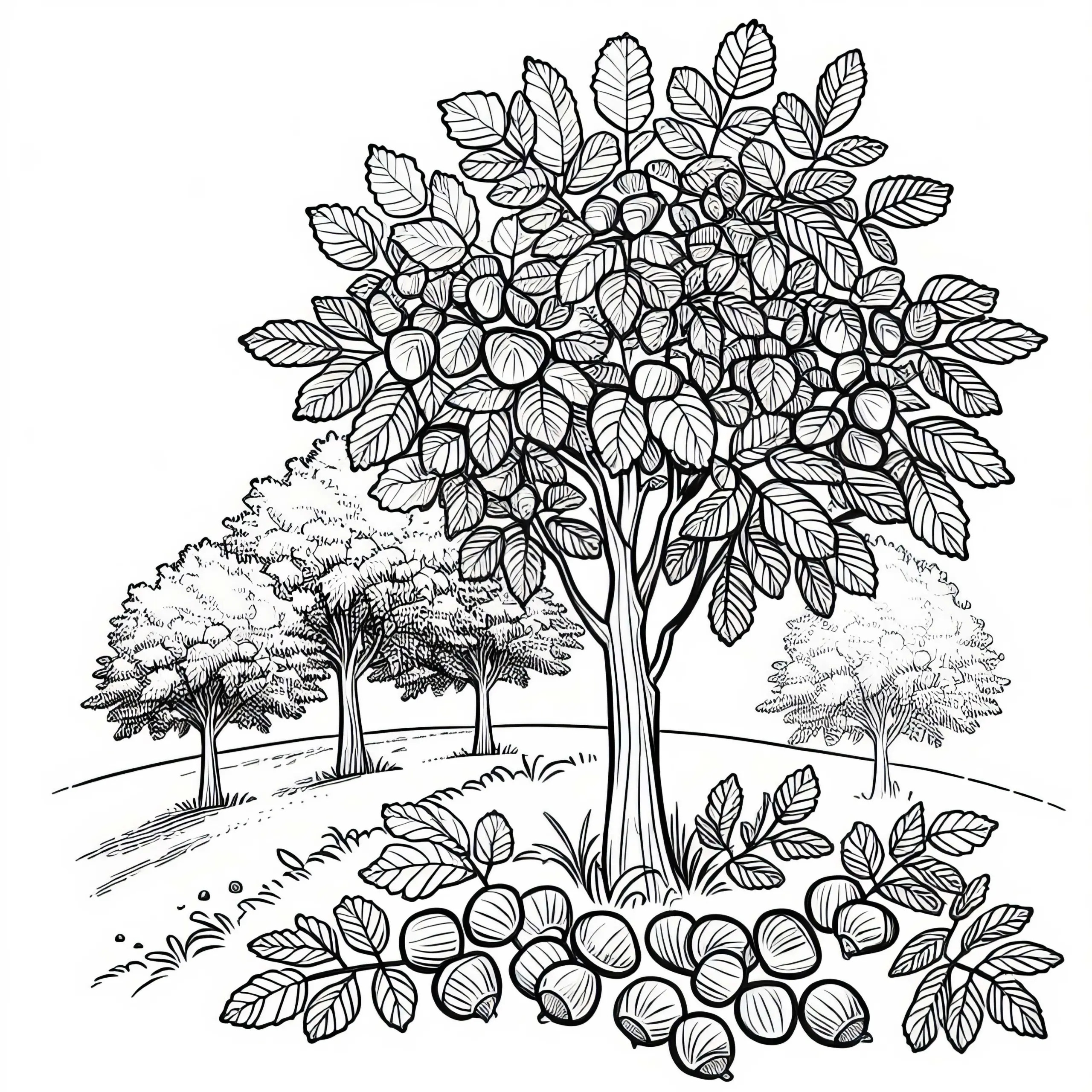 Ausmalbild vom Haselnussbaum in der Landschaft – Kostenlos herunterladen