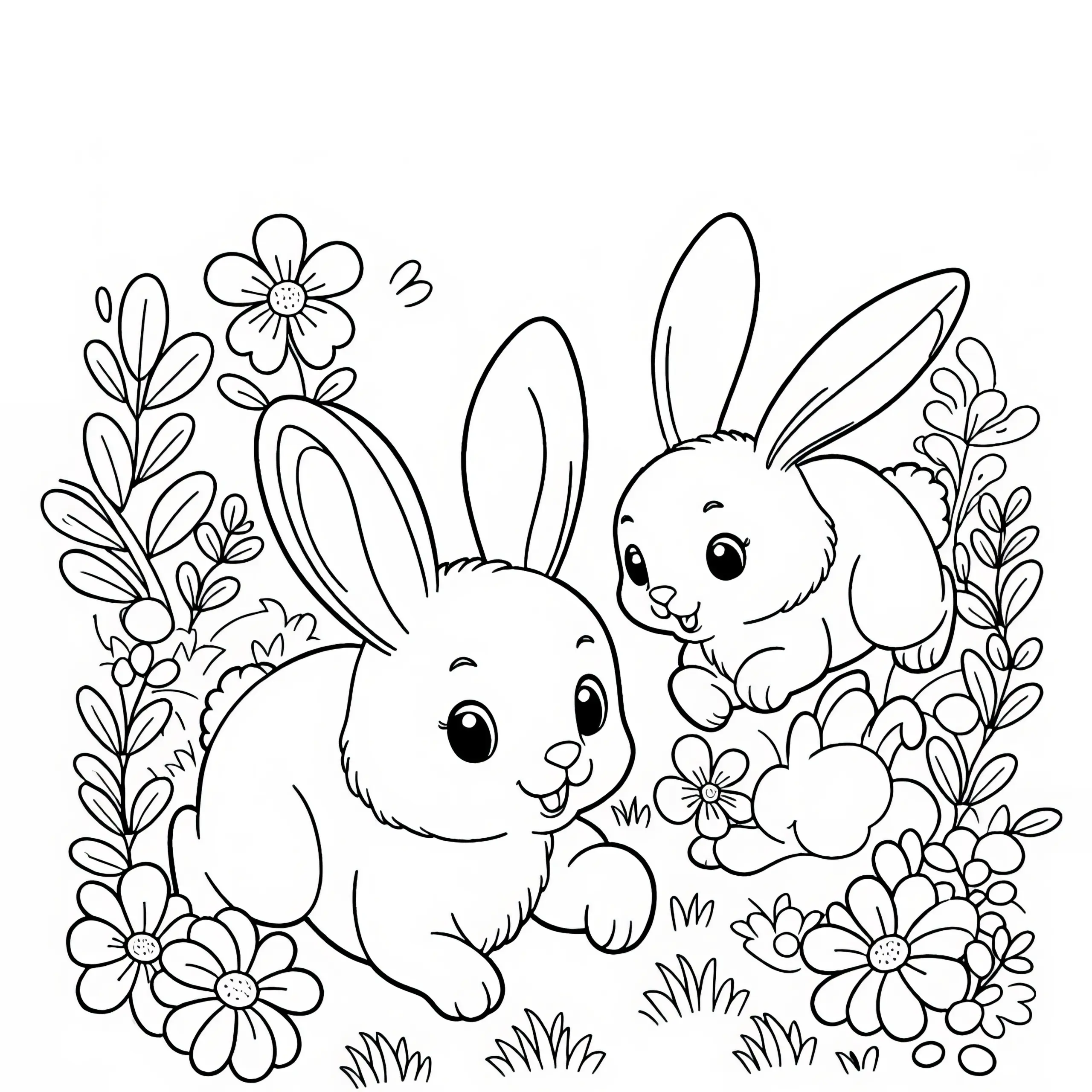 Hasen hoppeln über Wiese: kostenlose Frühlings-Malvorlage (Ausmalbild)