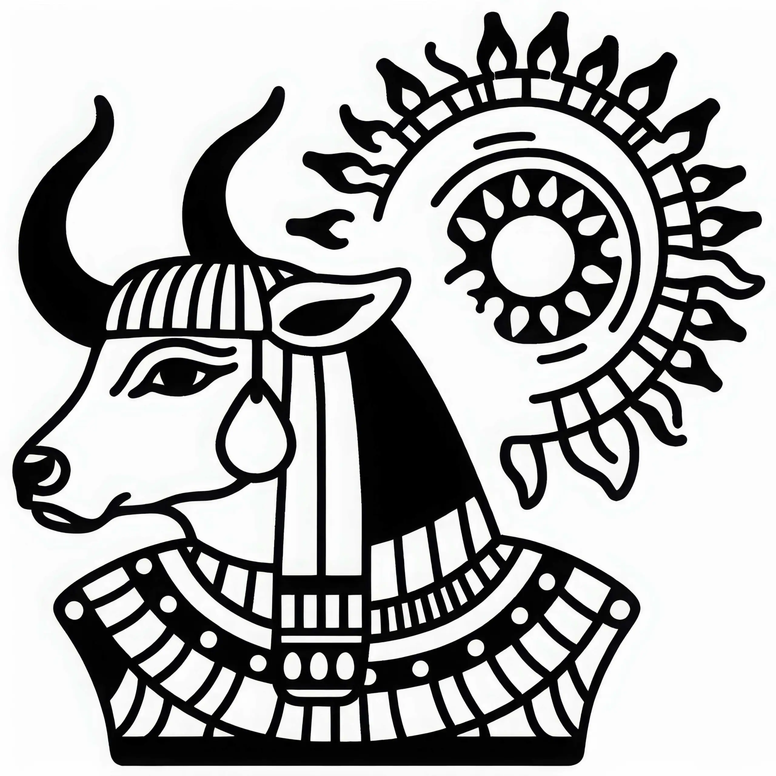 Hathor mit Kuhhörnern und Sonnenscheibe – Ausmalbild zur ägyptischen Mythologie kostenlos