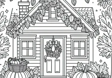 Haus mit herbstlicher Deko, Kürbissen und Türkranz – Ausmalbild Herbst kostenlos