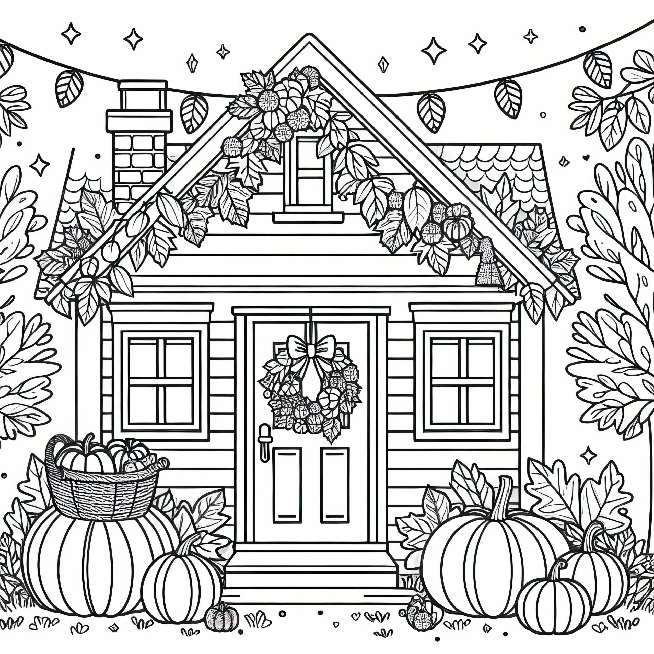 Haus mit herbstlicher Deko, Kürbissen und Türkranz – Ausmalbild Herbst kostenlos