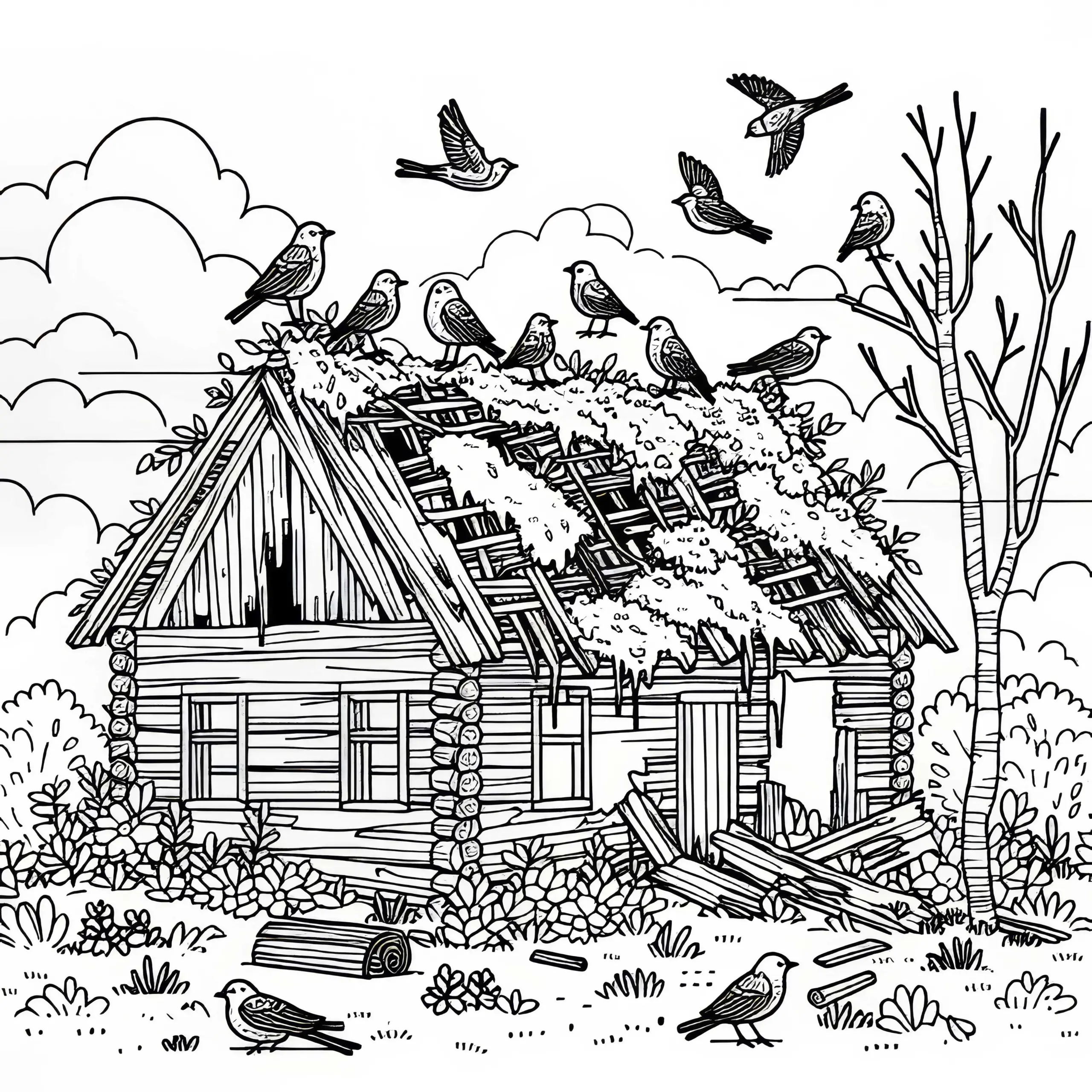 Hausruine mit Moos und Vögeln – Ausmalbild kostenlos