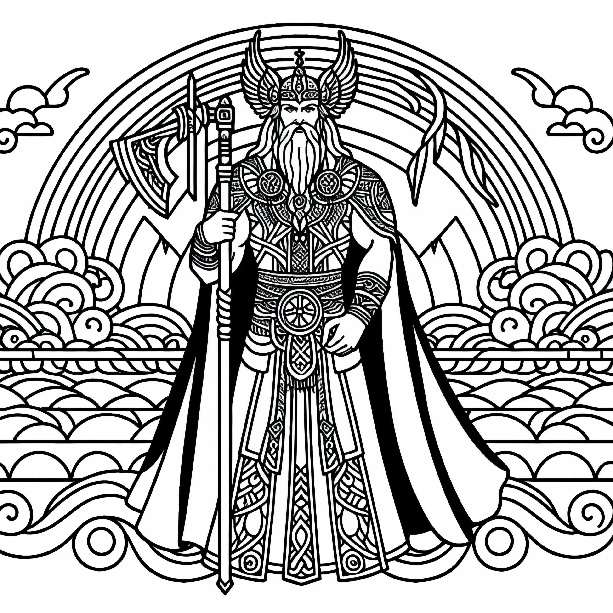 Heimdall – Der Wächter der Regenbogenbrücke Bifröst – Malvorlage zur nordischen Mythologie kostenlos (Ausmalbild)