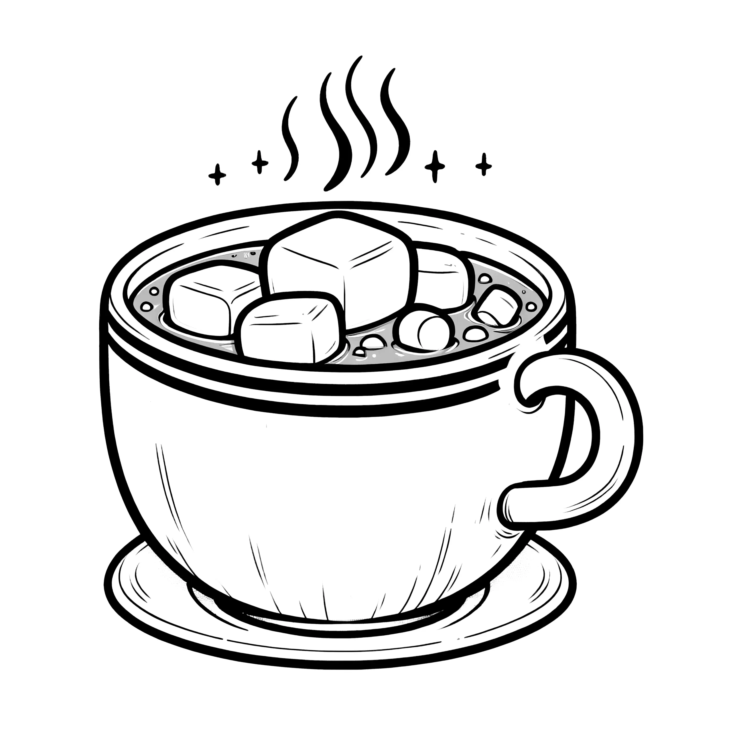 Heiße Schokolade mit Marshmallows – einfache Malvorlage (Ausmalbild)