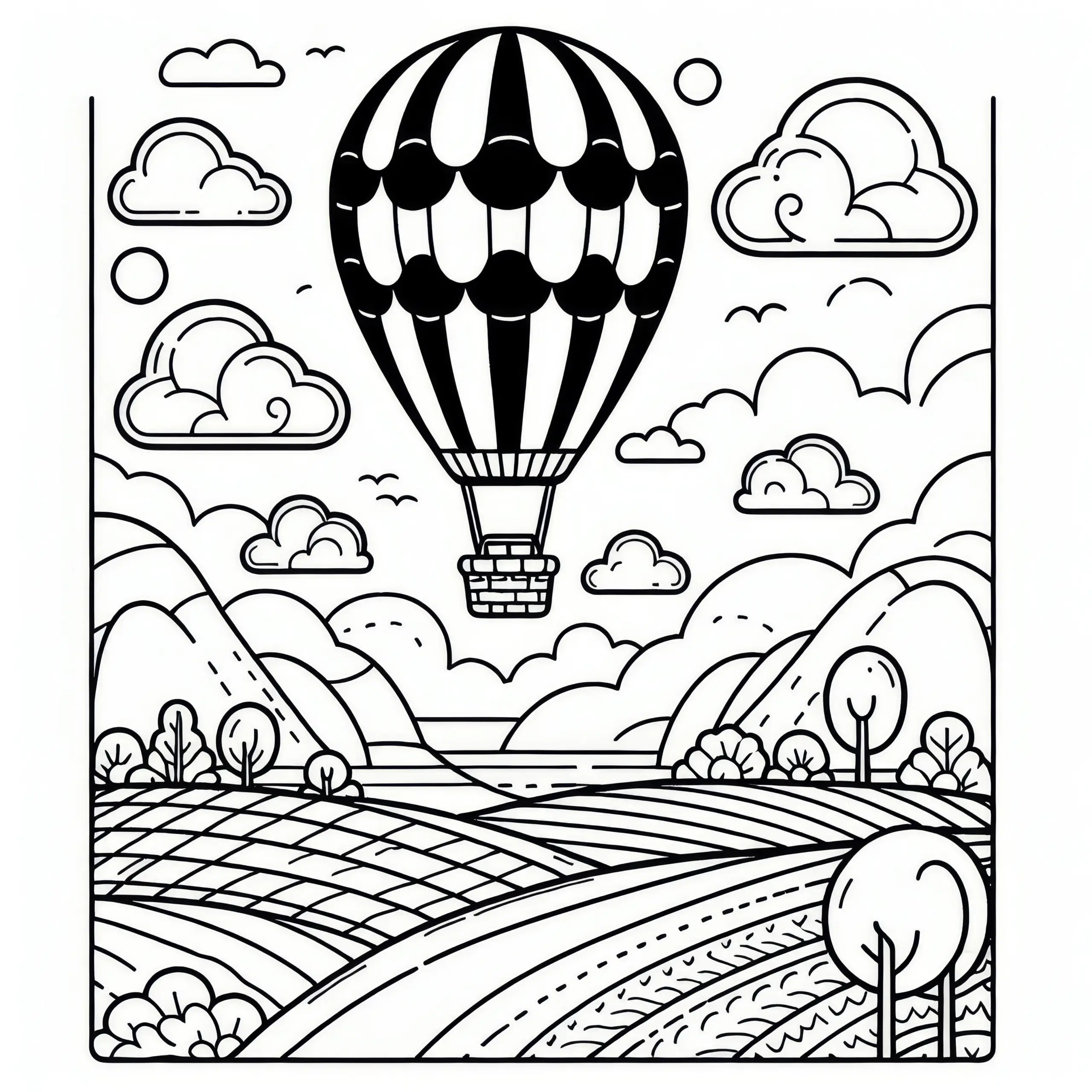Heißluftballonfahrt über weiter Landschaft im August: Ausmalbild zum Download (Gratis)