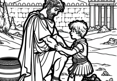 Hektor spielt mit Sohn Astyanax vor den Mauern Trojas – Ausmalbild Ilias kostenlos
