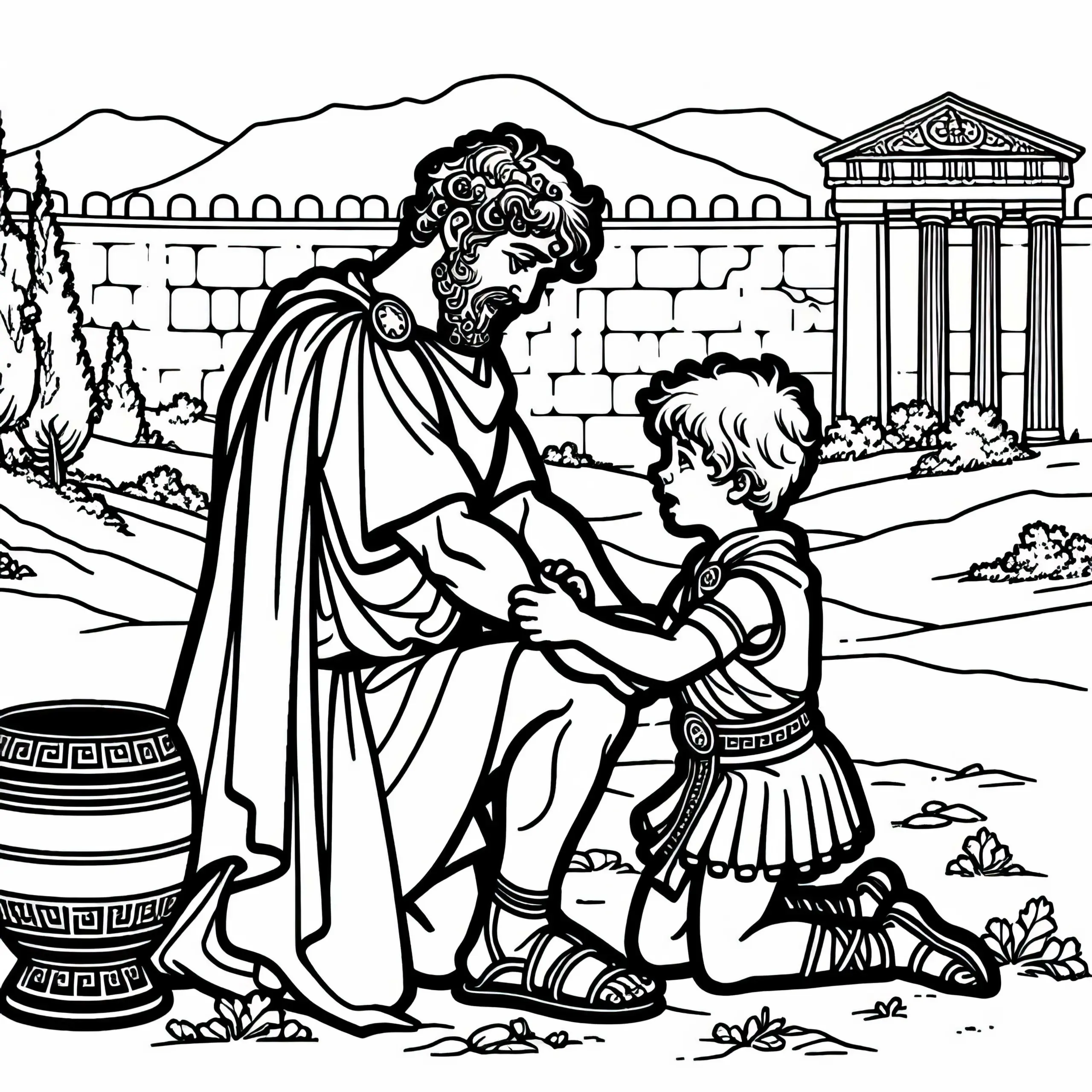 Hektor spielt mit Sohn Astyanax vor den Mauern Trojas – Ausmalbild Ilias kostenlos