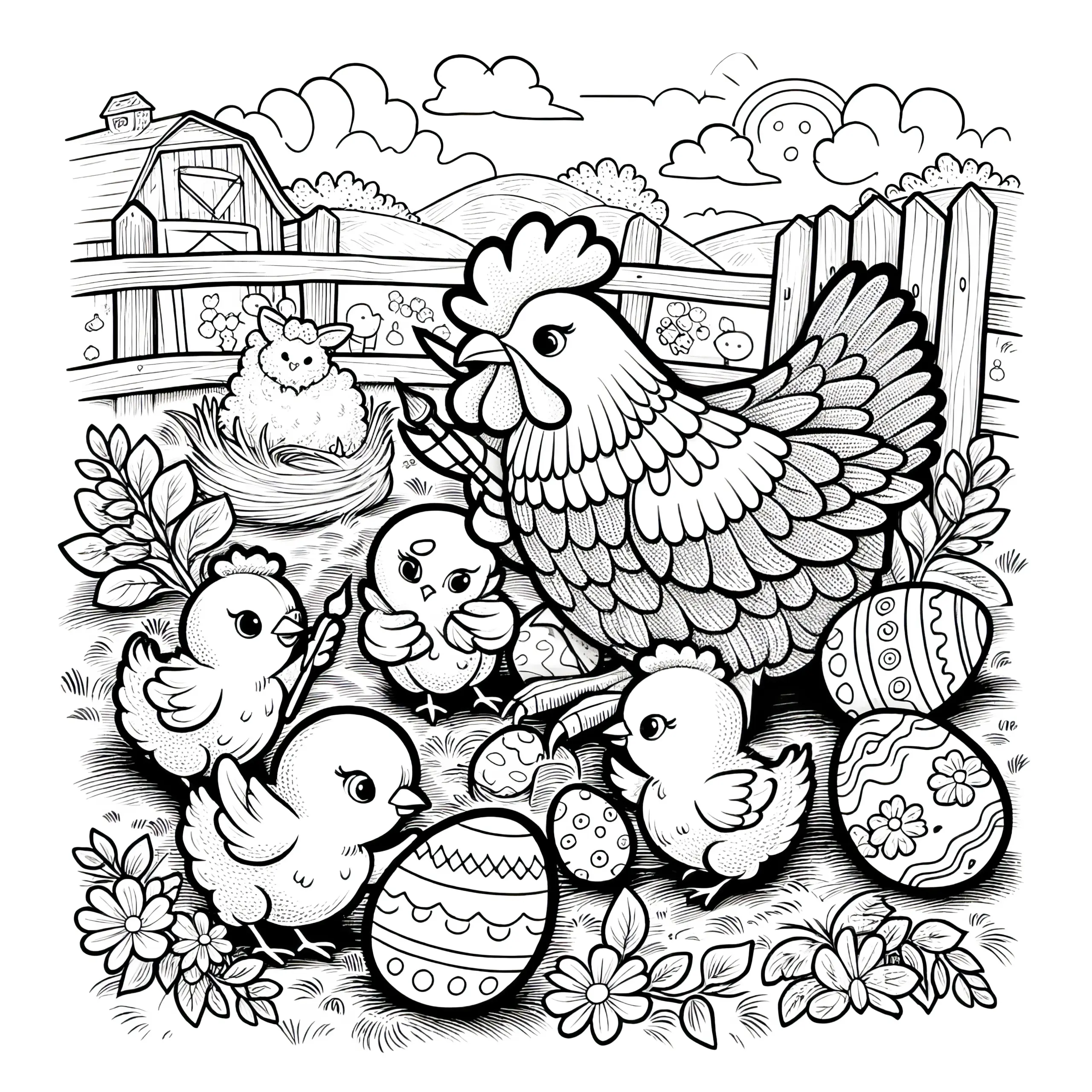 Henne und Osterküken mit Ostereiern auf Bauernhof: Ausmalbild zum Download (Gratis)