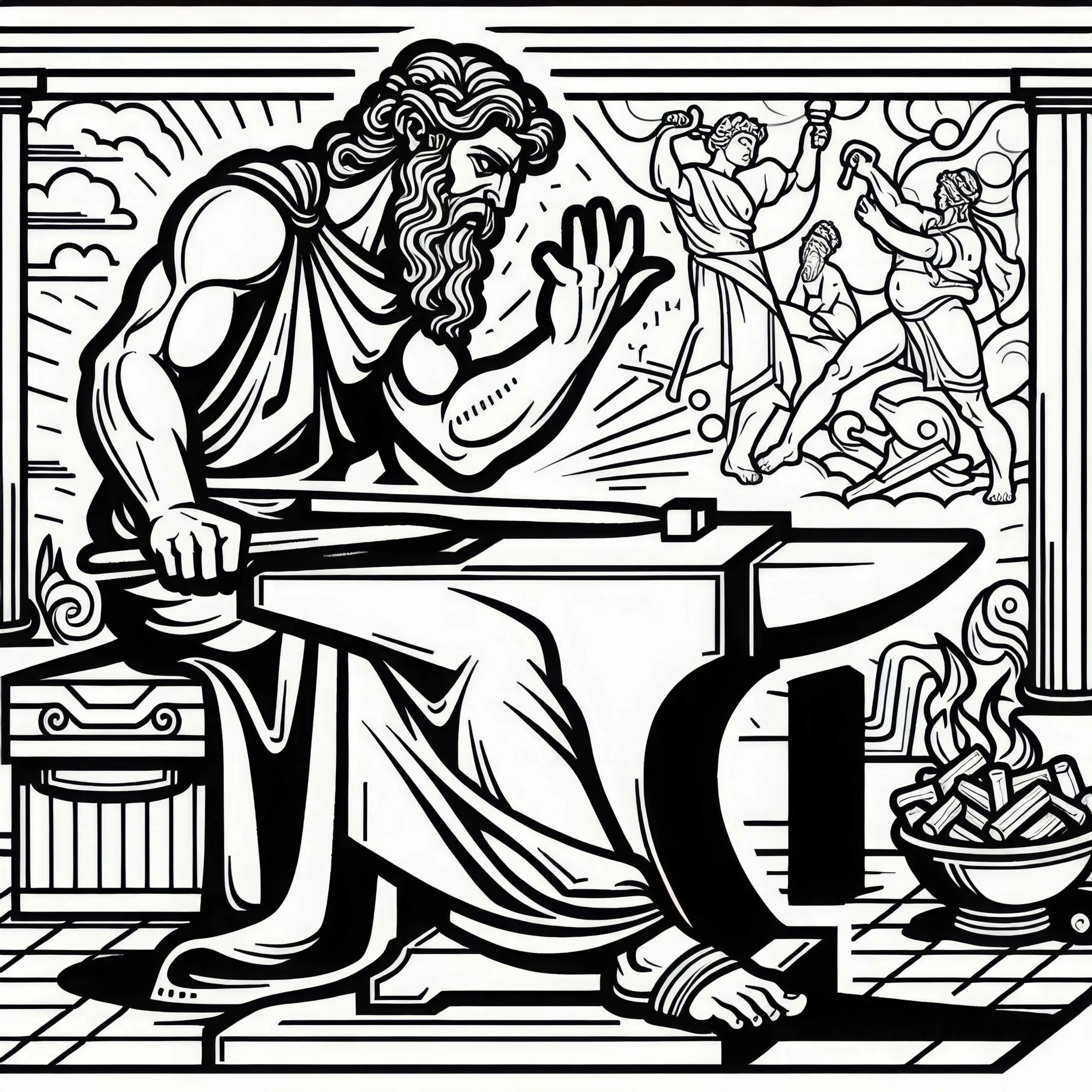 Hephaistos in der Schmiede mit Amboss – Ausmalbild zur griechischen Mythologie