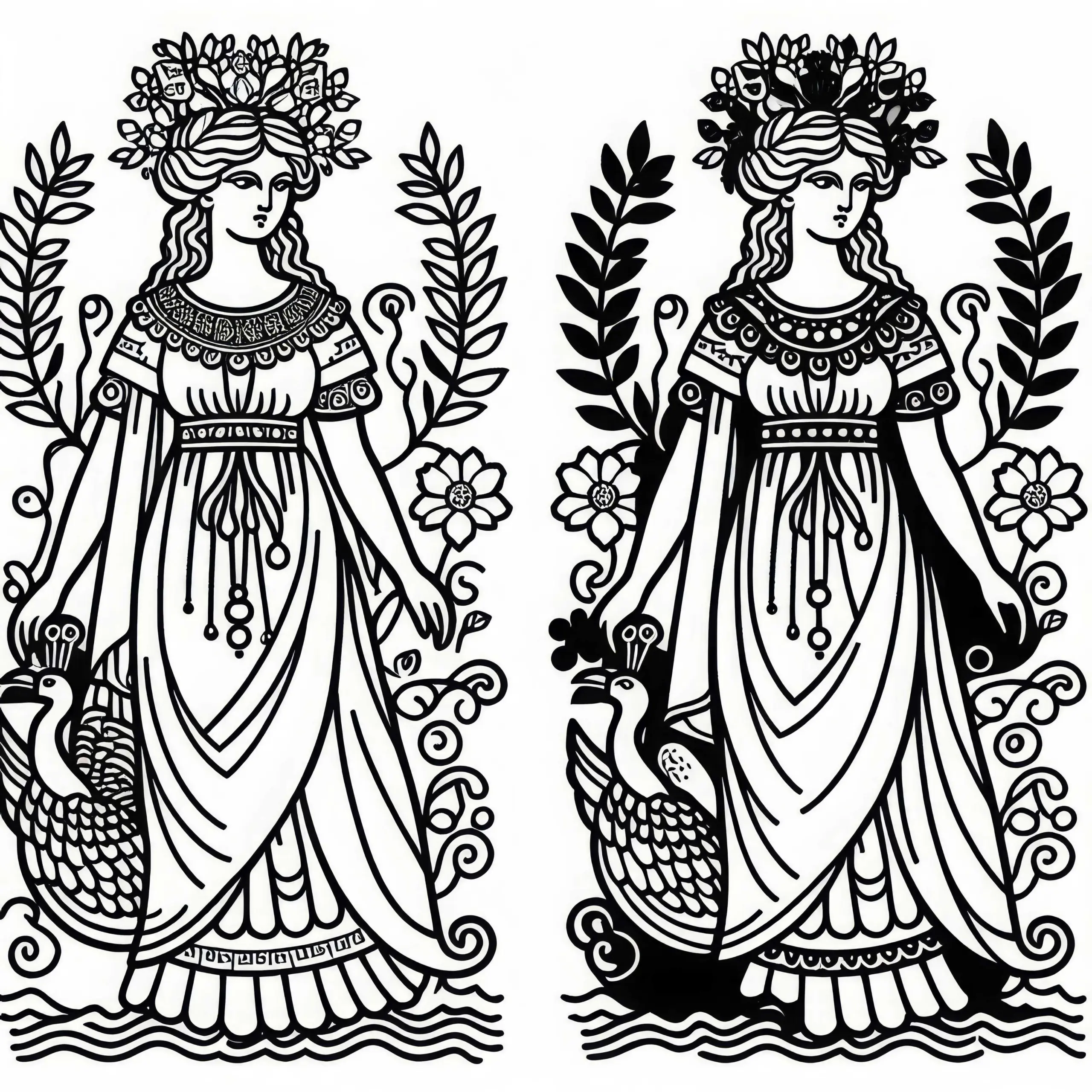 Hera mit Pfau und Krone als Beschützerin der Ehe – Ausmalbild griechische Mythologie gratis