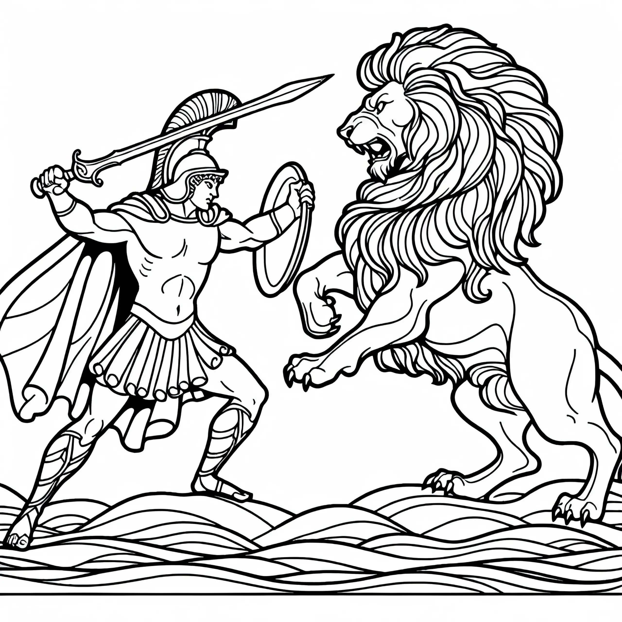 Herakles beim Erlegen des Nemeischen Löwen – Ausmalbild zur griechischen Mythologie
