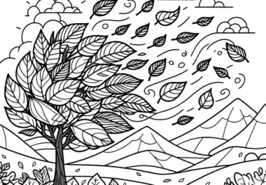Herbstblätter, die durch den Wind verweht werden – Ausmalbild kostenlos