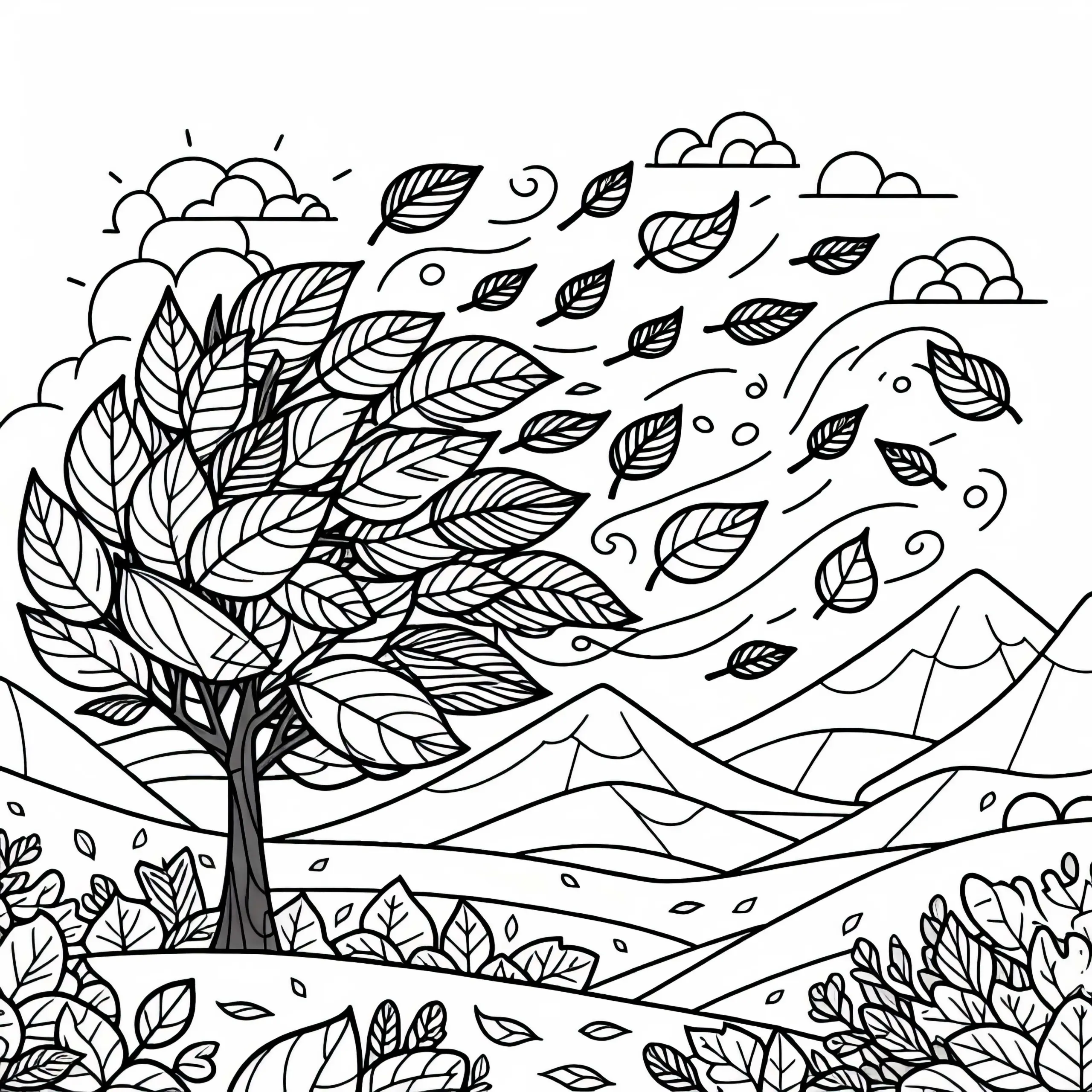 Herbstblätter, die durch den Wind verweht werden – Ausmalbild kostenlos