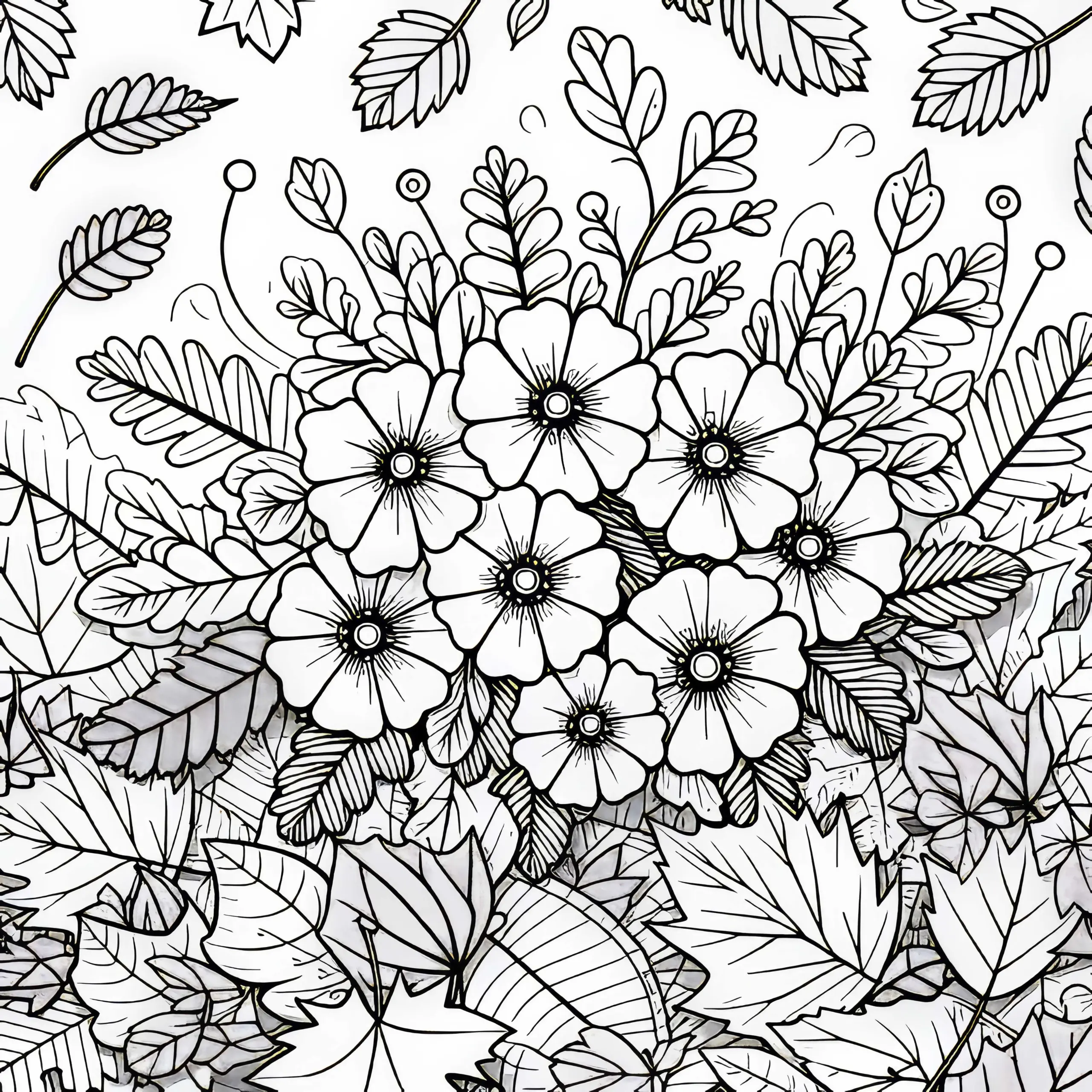 Herbstblumen blühen zwischen gefallenen Blättern – Malvorlage kostenlos (Ausmalbild)