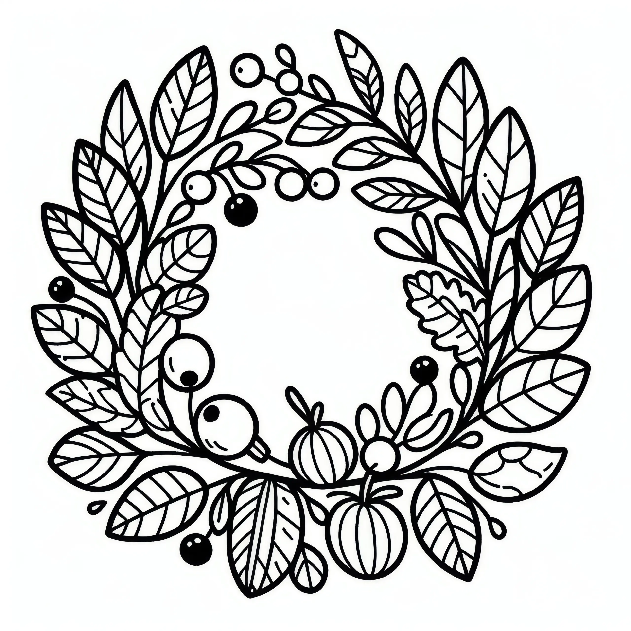 Herbstkranz mit Blättern, Beeren und Früchten: Malvorlage zum Erntedankfest (Kostenlos) (Ausmalbild)
