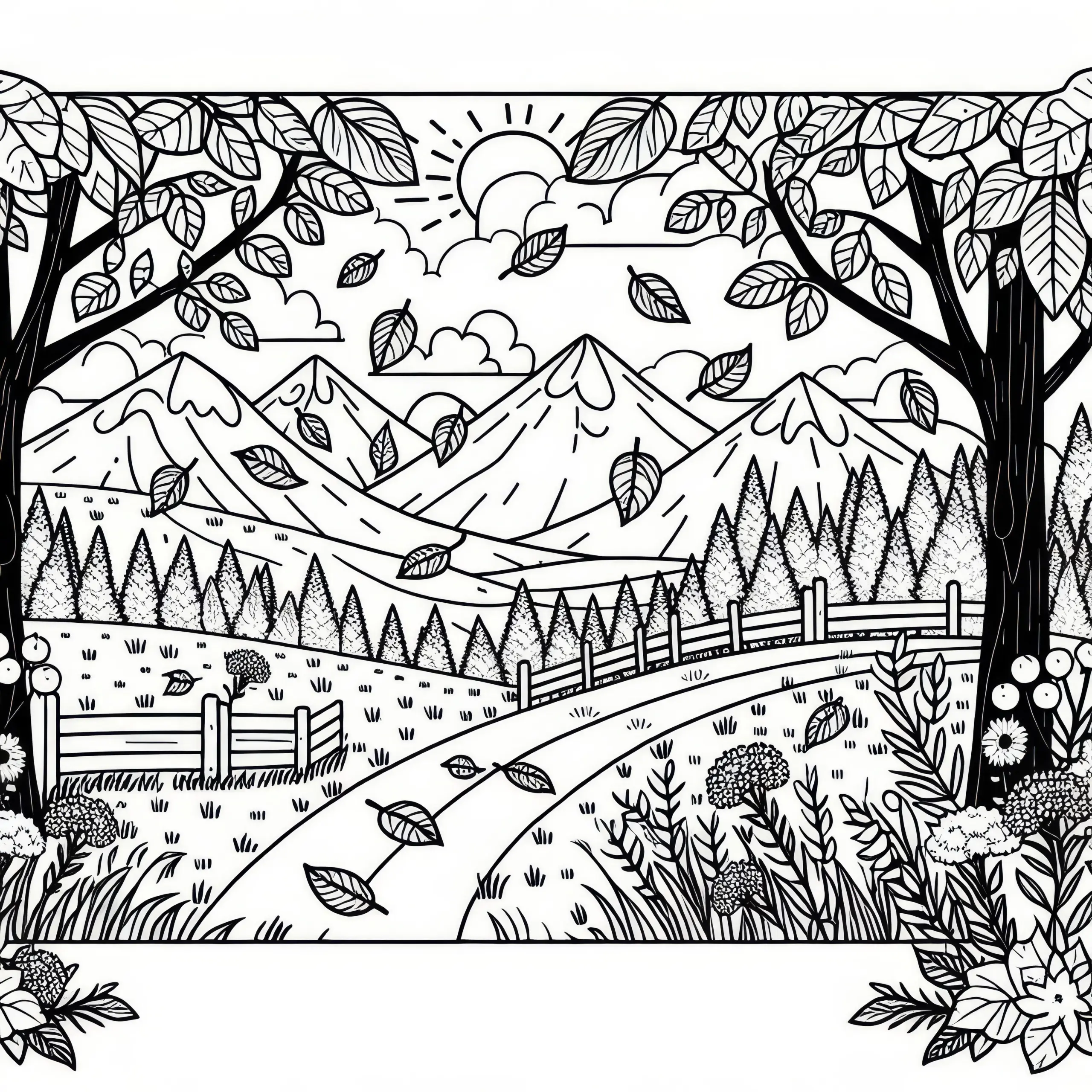 Herbstlandschaft mit Laub im September: Malvorlage zum Download (Gratis) (Ausmalbild)