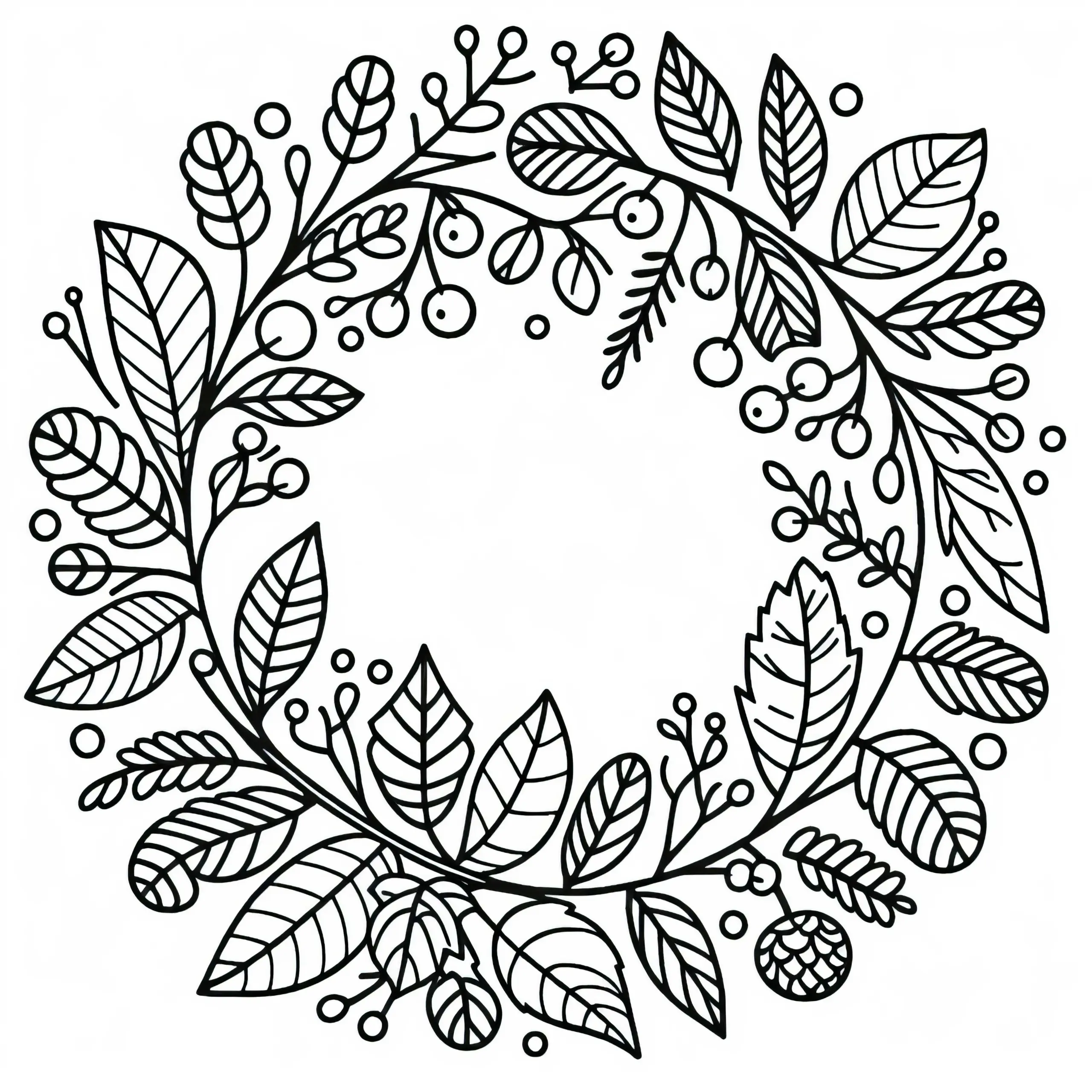 Herbstlicher Kranz aus Blättern und Beeren – Malvorlage Herbst gratis (Ausmalbild)