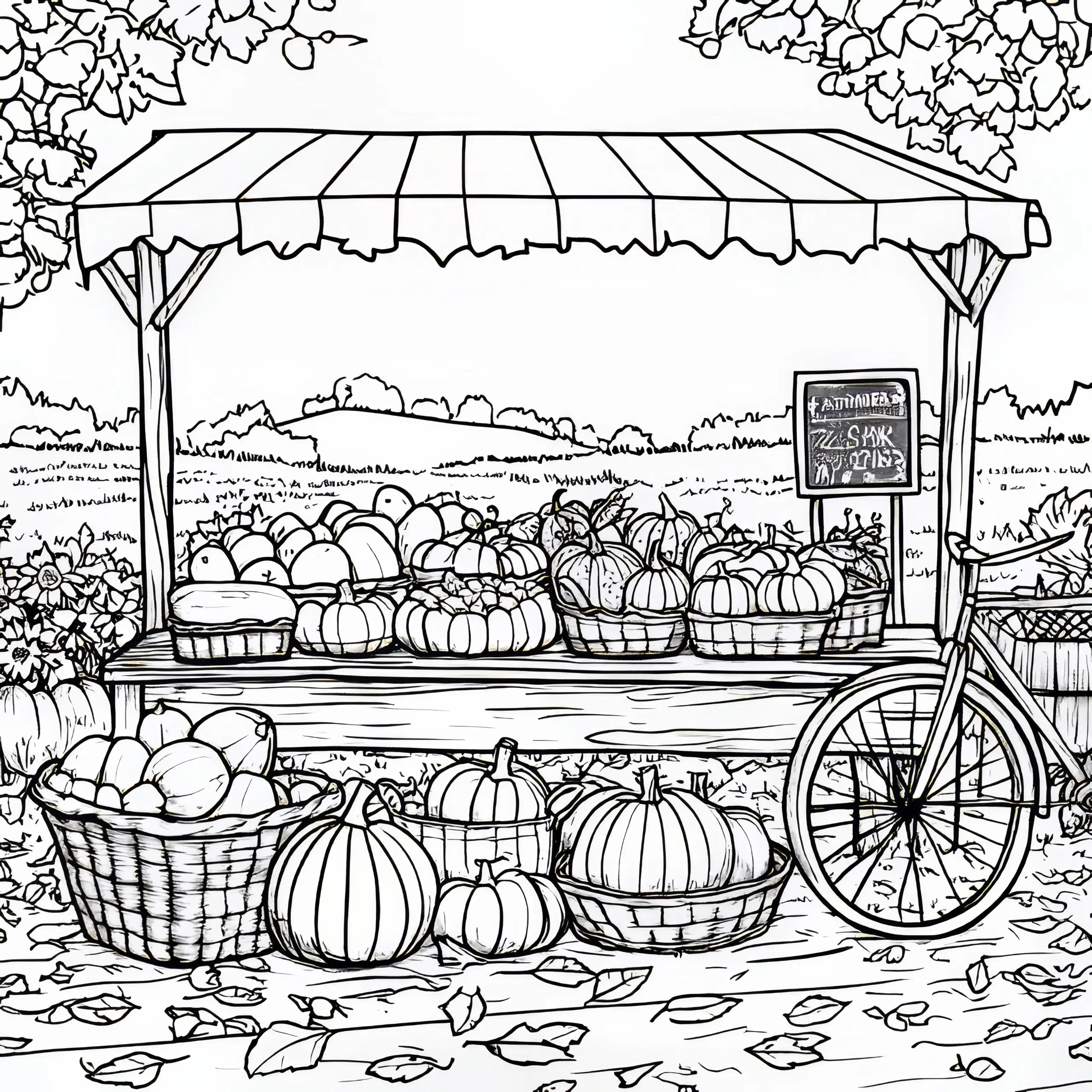 Herbstlicher Stand mit vielen Kürbissen: Malvorlage zum Download (Gratis) (Ausmalbild)