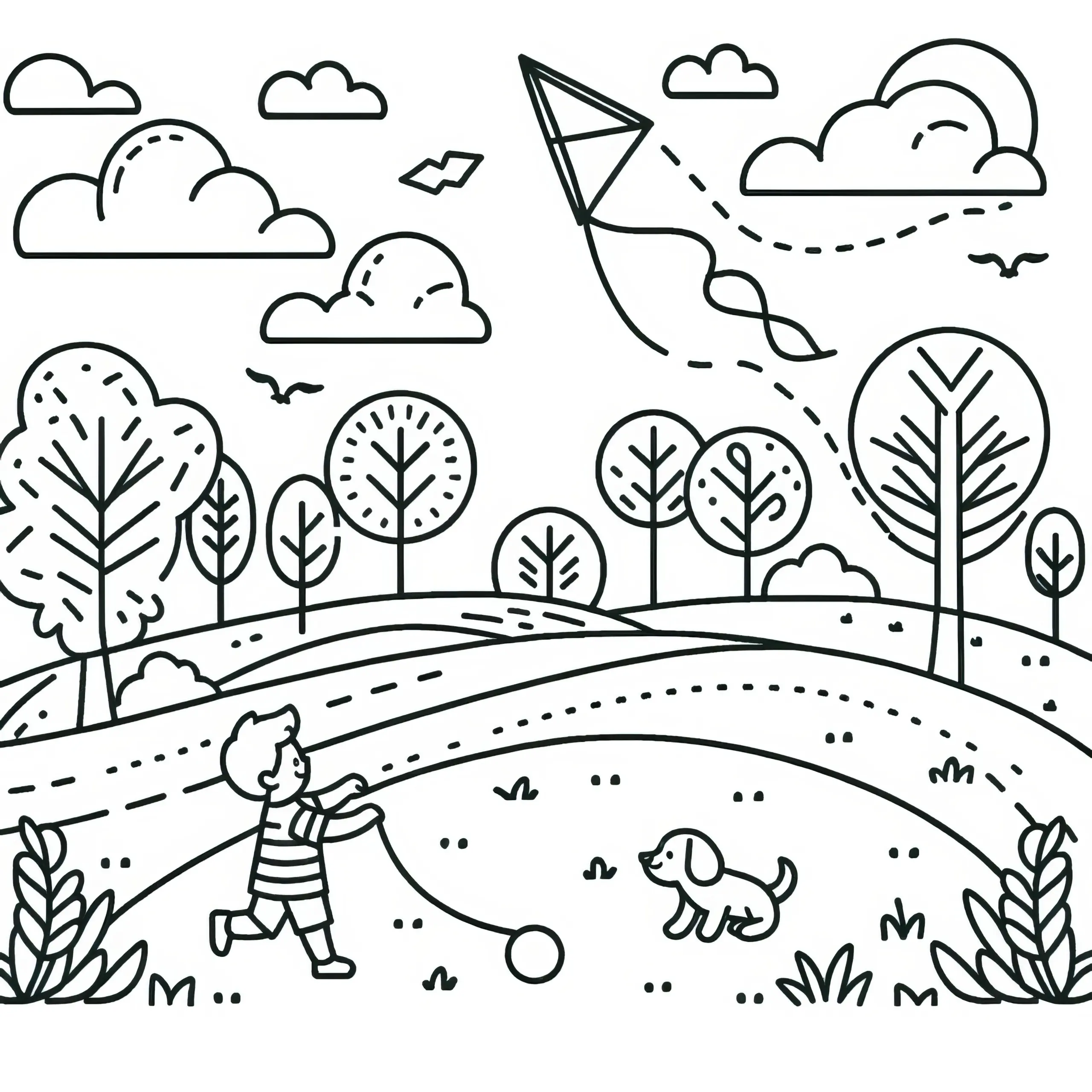 Herbstliches Ausmalbild: Kind beim Drachen steigen lassen mit Hund (Gratis)