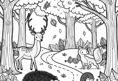 Herbstwald mit Reh und Igel – Ausmalbild Herbst kostenlos