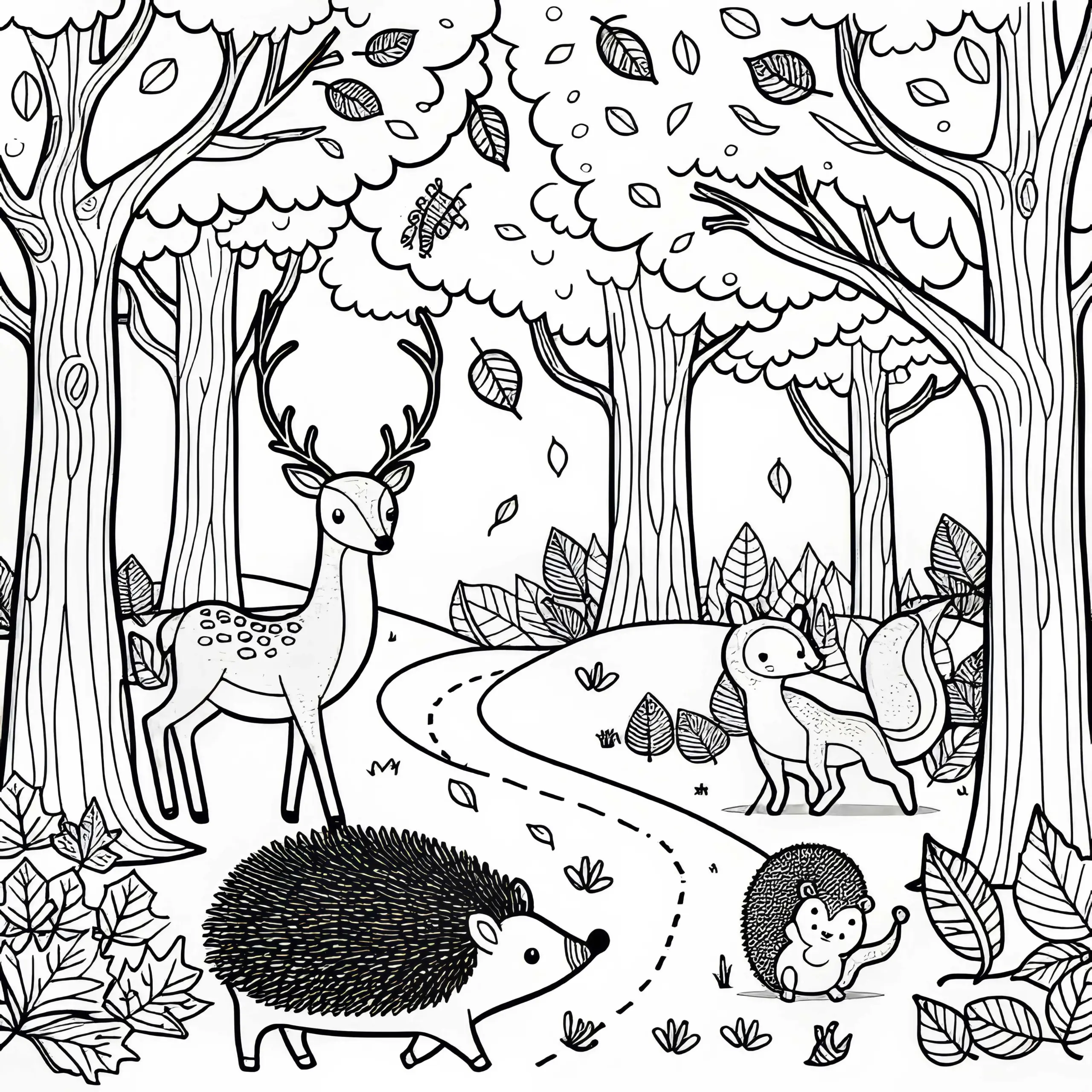Herbstwald mit Reh und Igel – Ausmalbild Herbst kostenlos