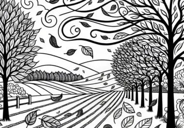 Herbstwind wirbelt Blätter durch Allee – Malvorlage Herbst kostenlos