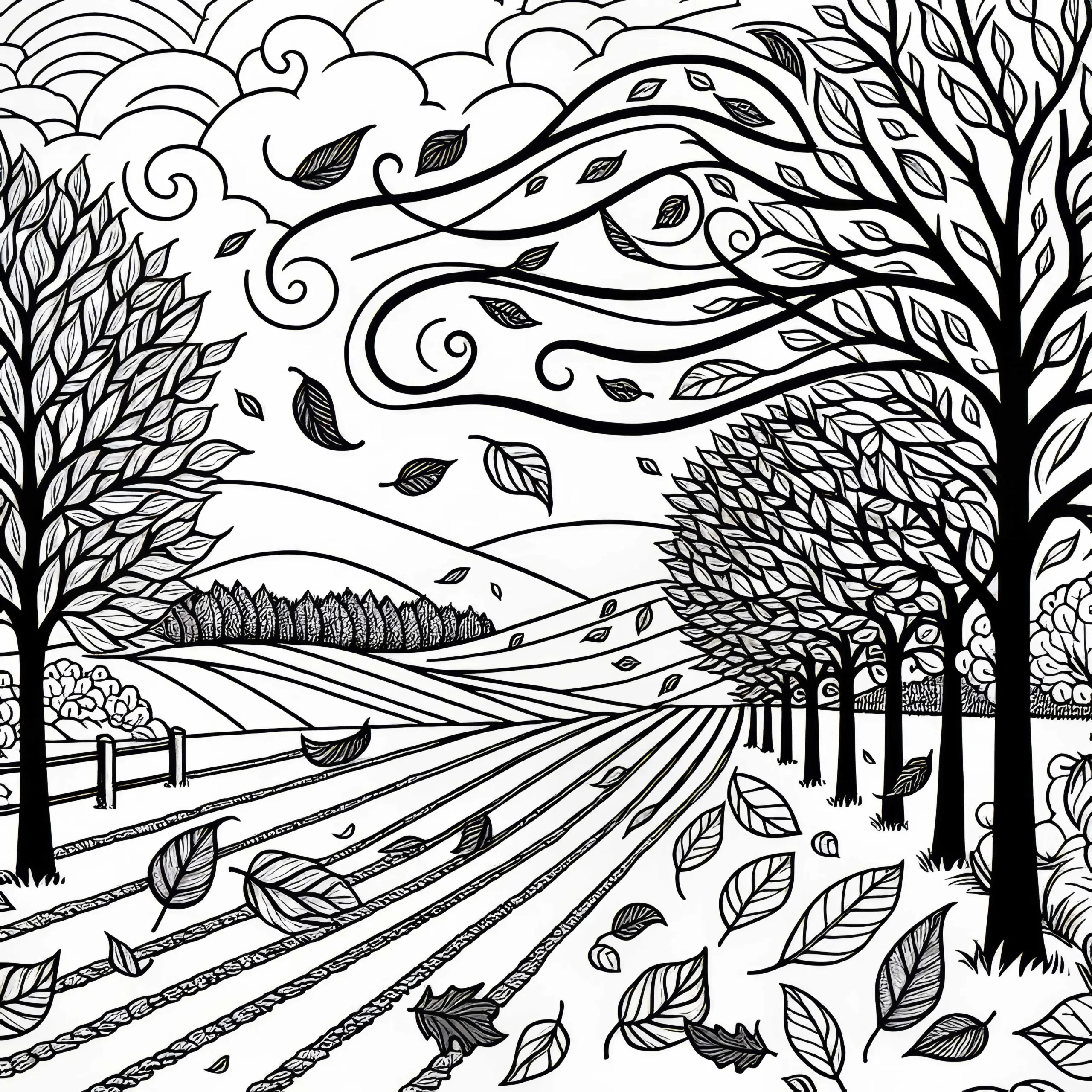 Herbstwind wirbelt Blätter durch Allee – Malvorlage Herbst kostenlos (Ausmalbild)