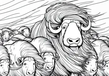 Herde von Moschusochsen drängt sich bei starkem Wind eng zusammen – Malvorlage gratis