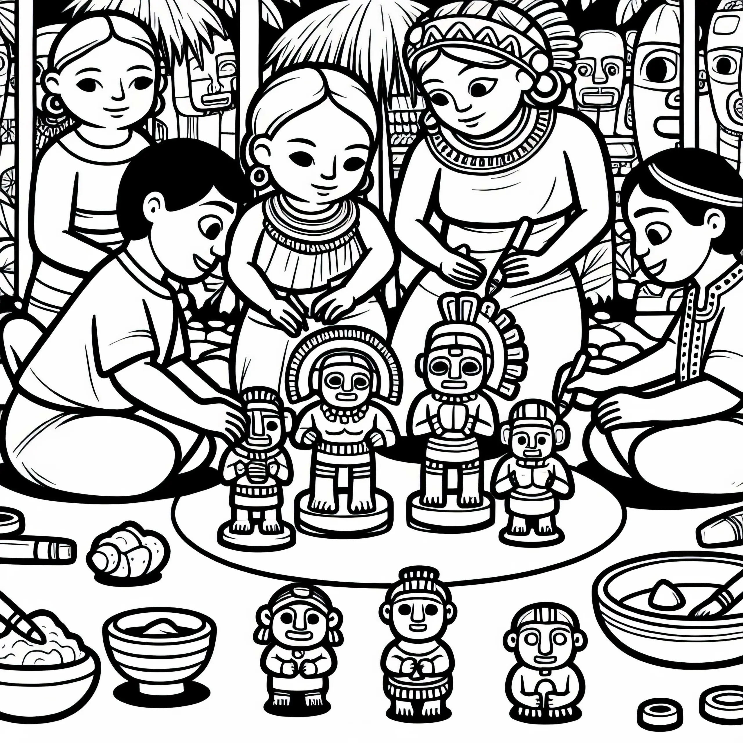Herstellung von Figuren für ein Ritual – Malvorlage Maya gratis (Ausmalbild)