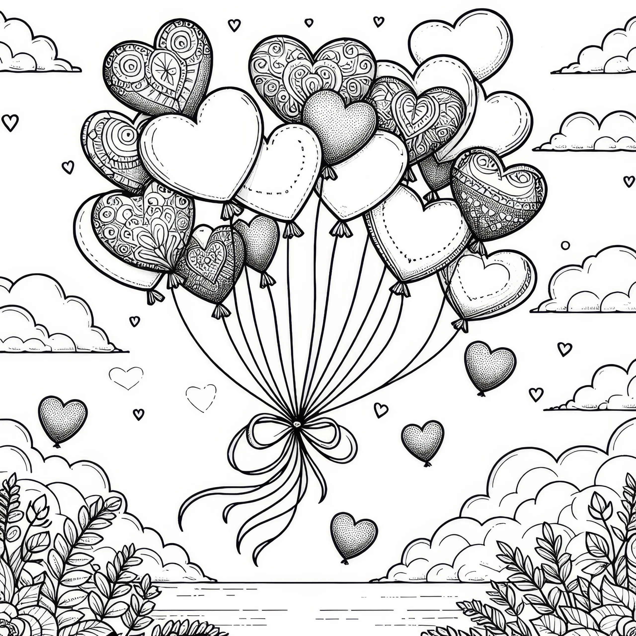 Herz Luftballons, die in den Himmel fliegen: Schöne Malvorlage zum Download (Gratis) (Ausmalbild)