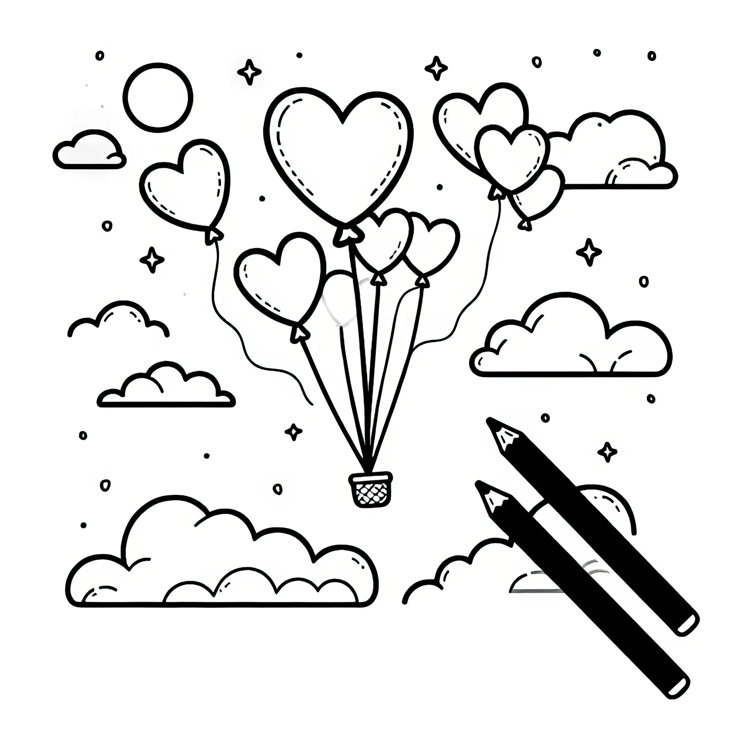 Herz Luftballons am Himmel: Malvorlage zum Valentinstag (Gratis) (Ausmalbild)