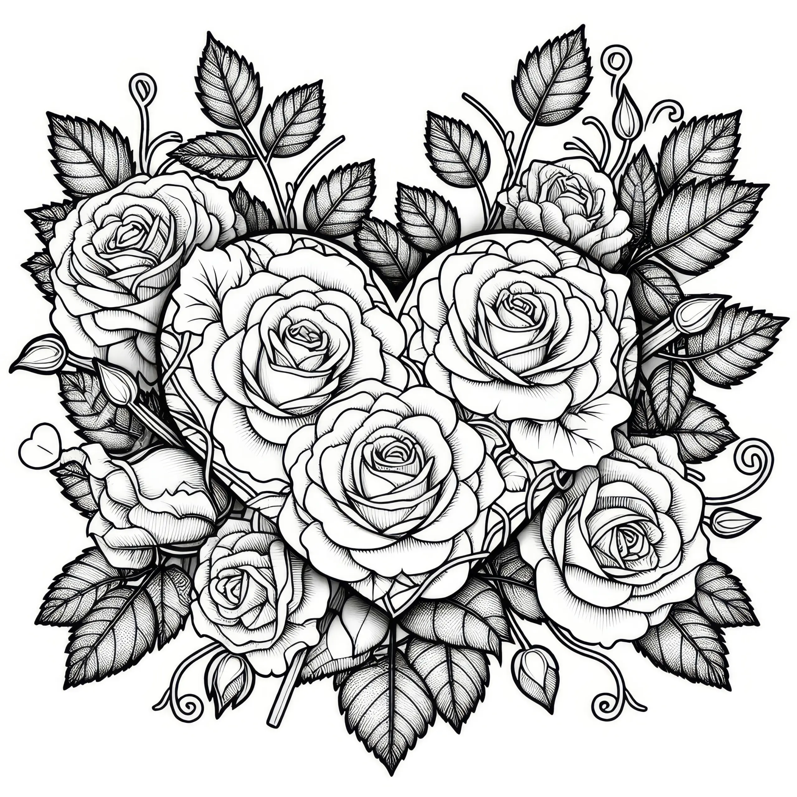 Herz verziert mit Rosen: Ausmalbild zum Valentinstag (Gratis)