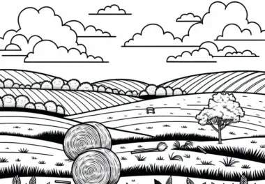 Heuballen Liegen Verstreut Nach Der Ernte Auf Feld – Malvorlage Kostenlos