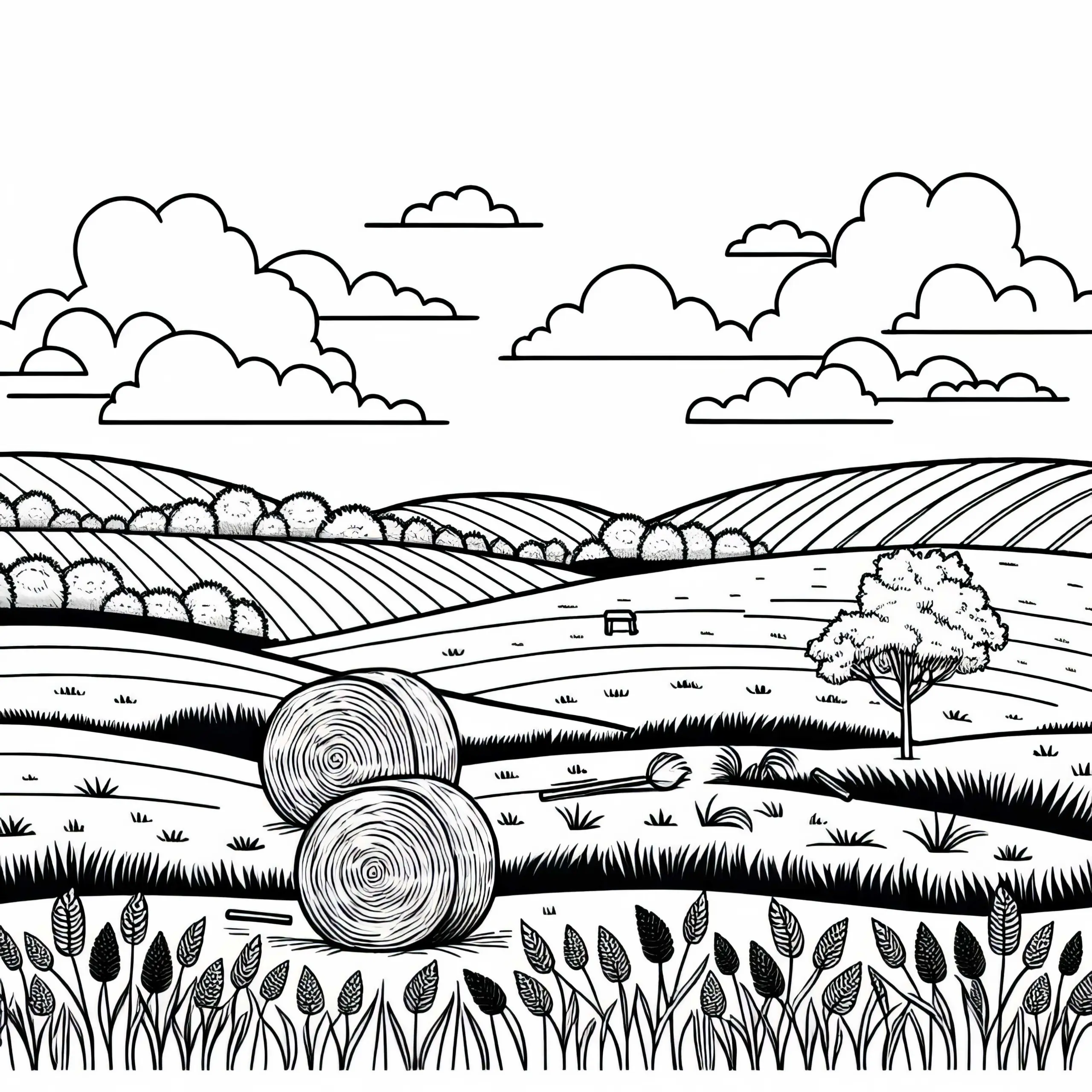 Heuballen Liegen Verstreut Nach Der Ernte Auf Feld – Malvorlage Kostenlos (Ausmalbild)