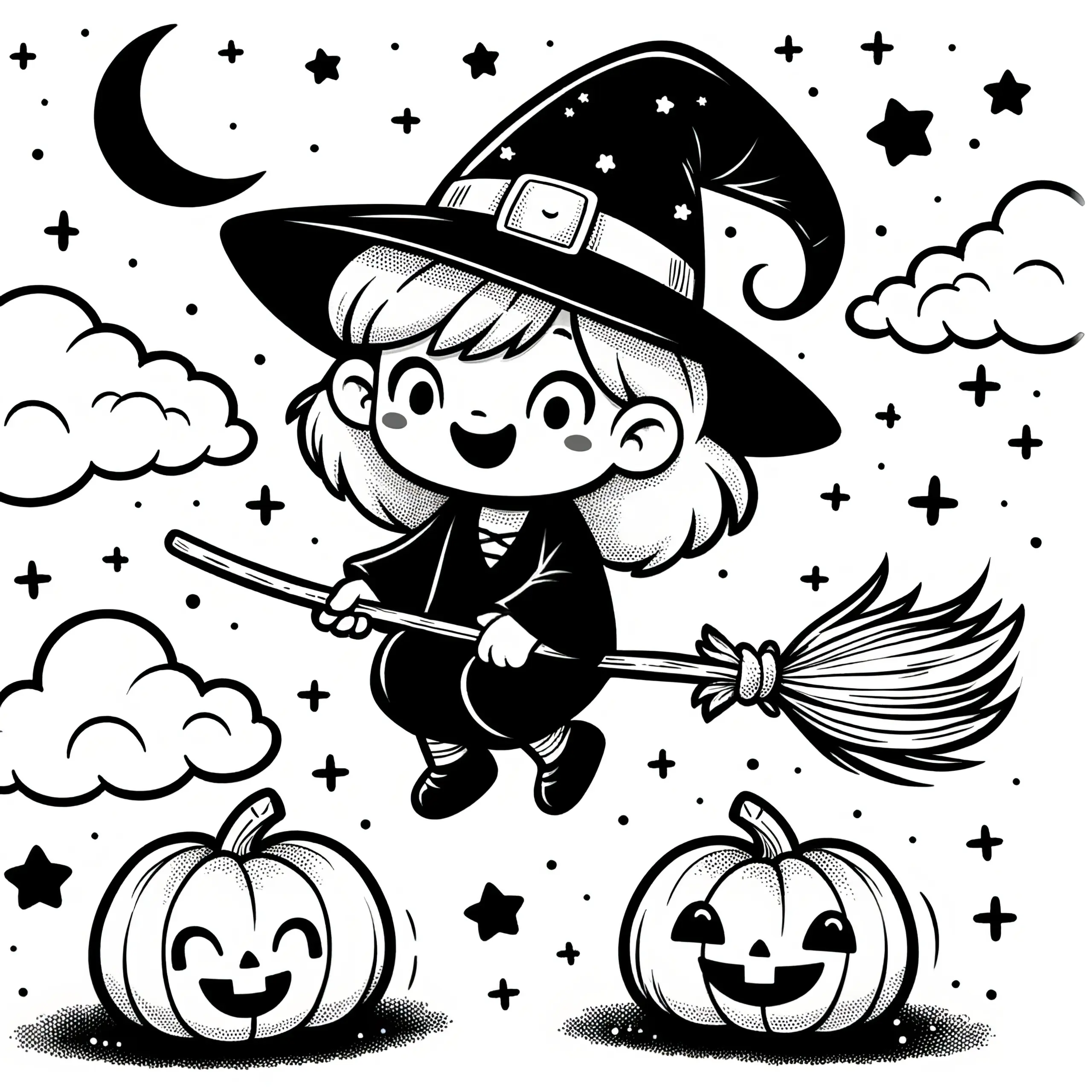 Hexe auf Besen mit Halloween Kürbisse: Malvorlage für Kinder (Gratis) (Ausmalbild)