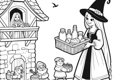 Hexe bringt Rapunzel frisches Essen – Ausmalbild einfach und gratis