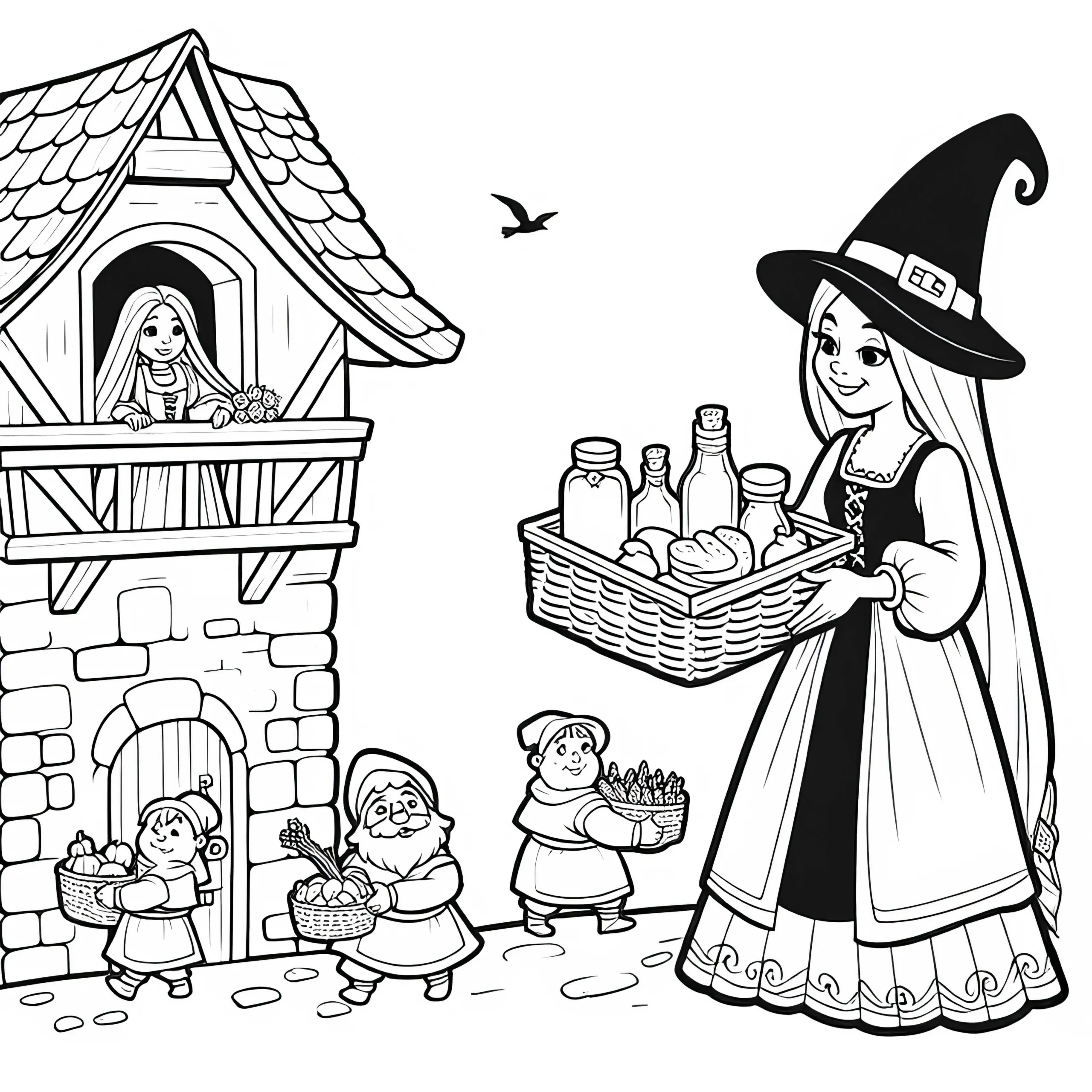 Hexe bringt Rapunzel frisches Essen – Ausmalbild einfach und gratis