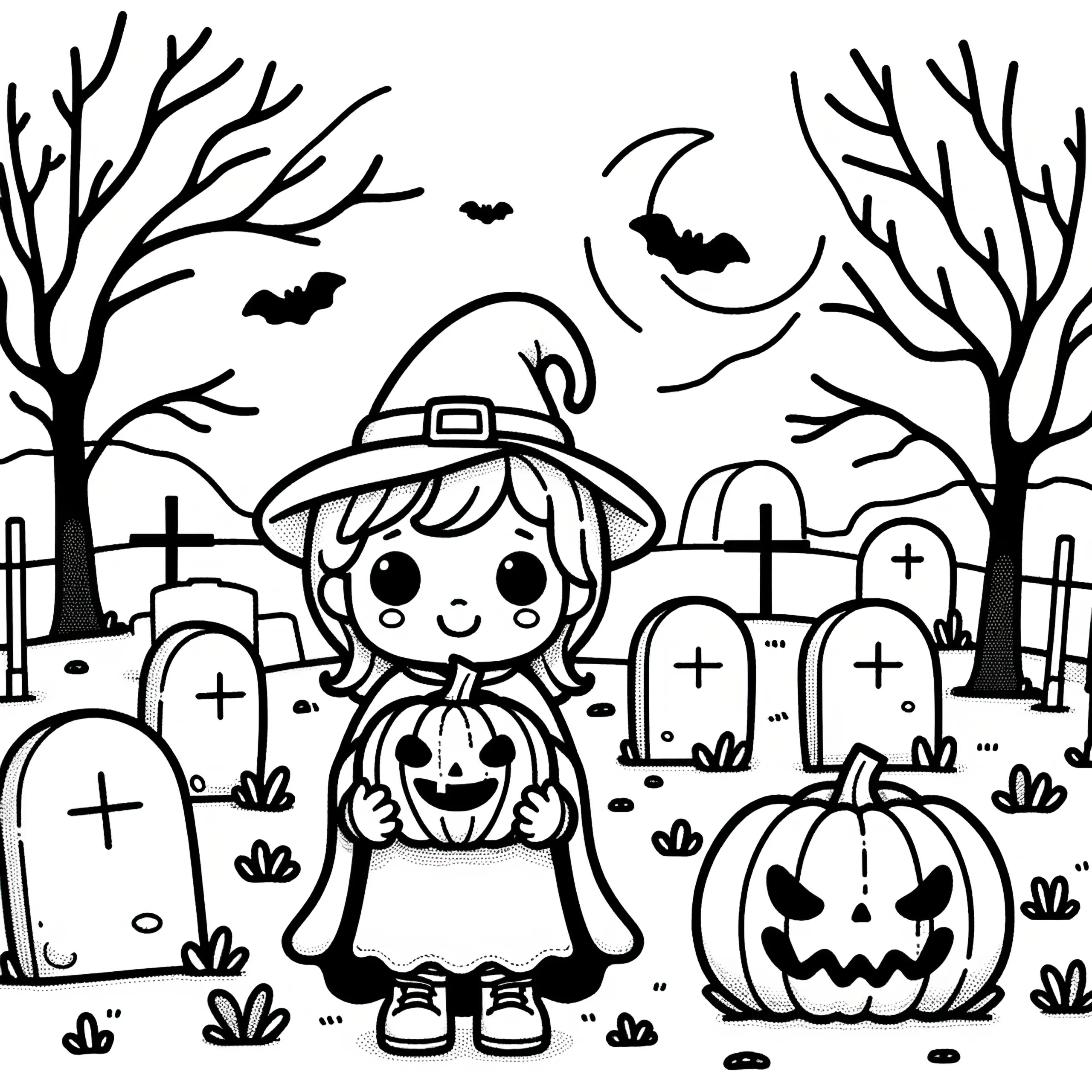 Hexe auf Friedhof: Halloween Bild zum Ausmalen (Gratis) (Ausmalbild)