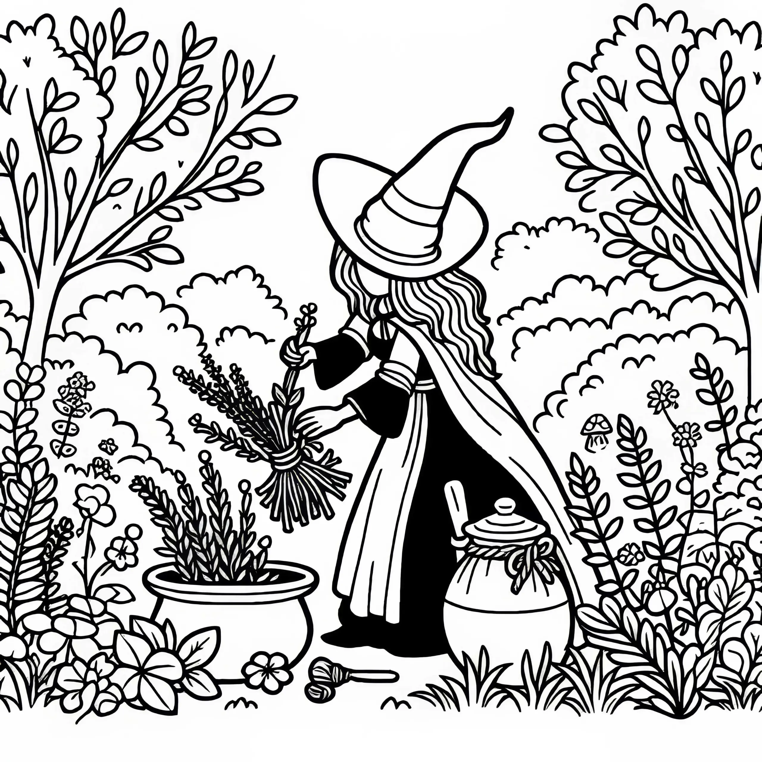 Hexe pflückt Kräuter in verwunschenem Garten: Ausmalbild zum Download (Kostenlos)