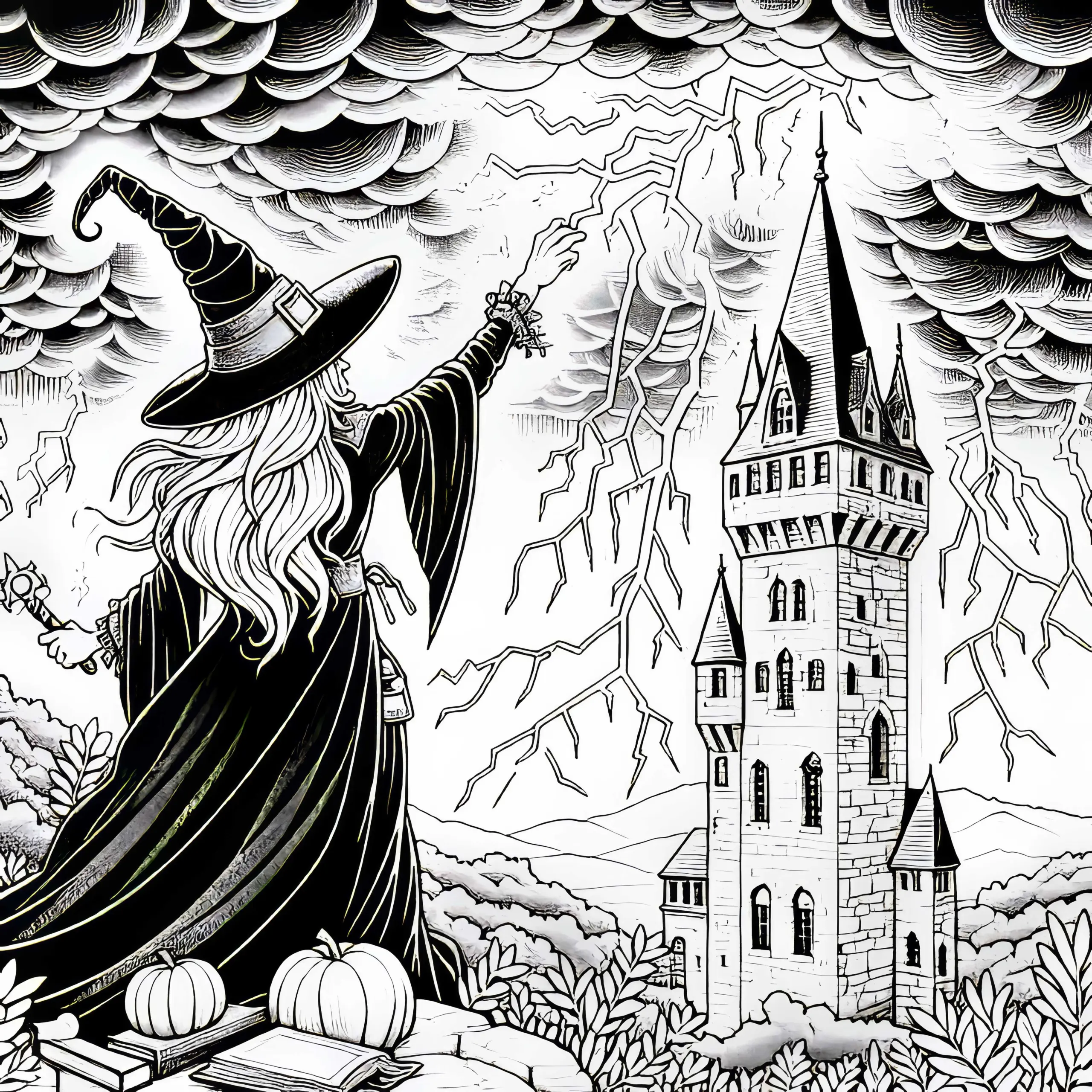 Hexe zaubert Blitze und Sturm über hohen Turm: Detailreiche Malvorlage (Gratis) (Ausmalbild)