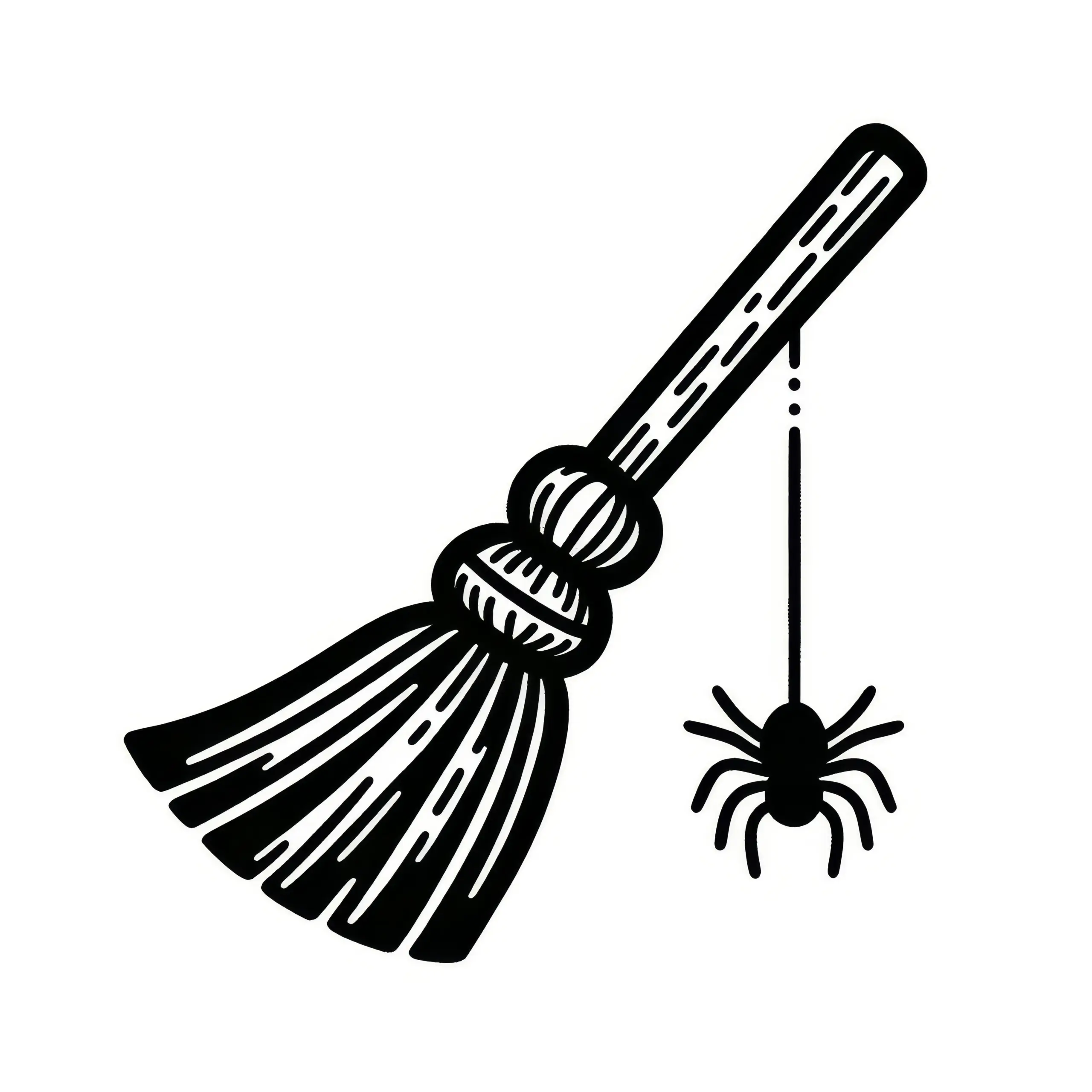 Hexenbesen mit Spinne als Halloween Malvorlage: Kostenlos zum Download (Ausmalbild)