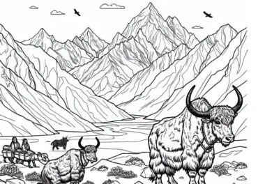 Himalaya mit Yaks – Kostenlose Malvorlage aus Asien
