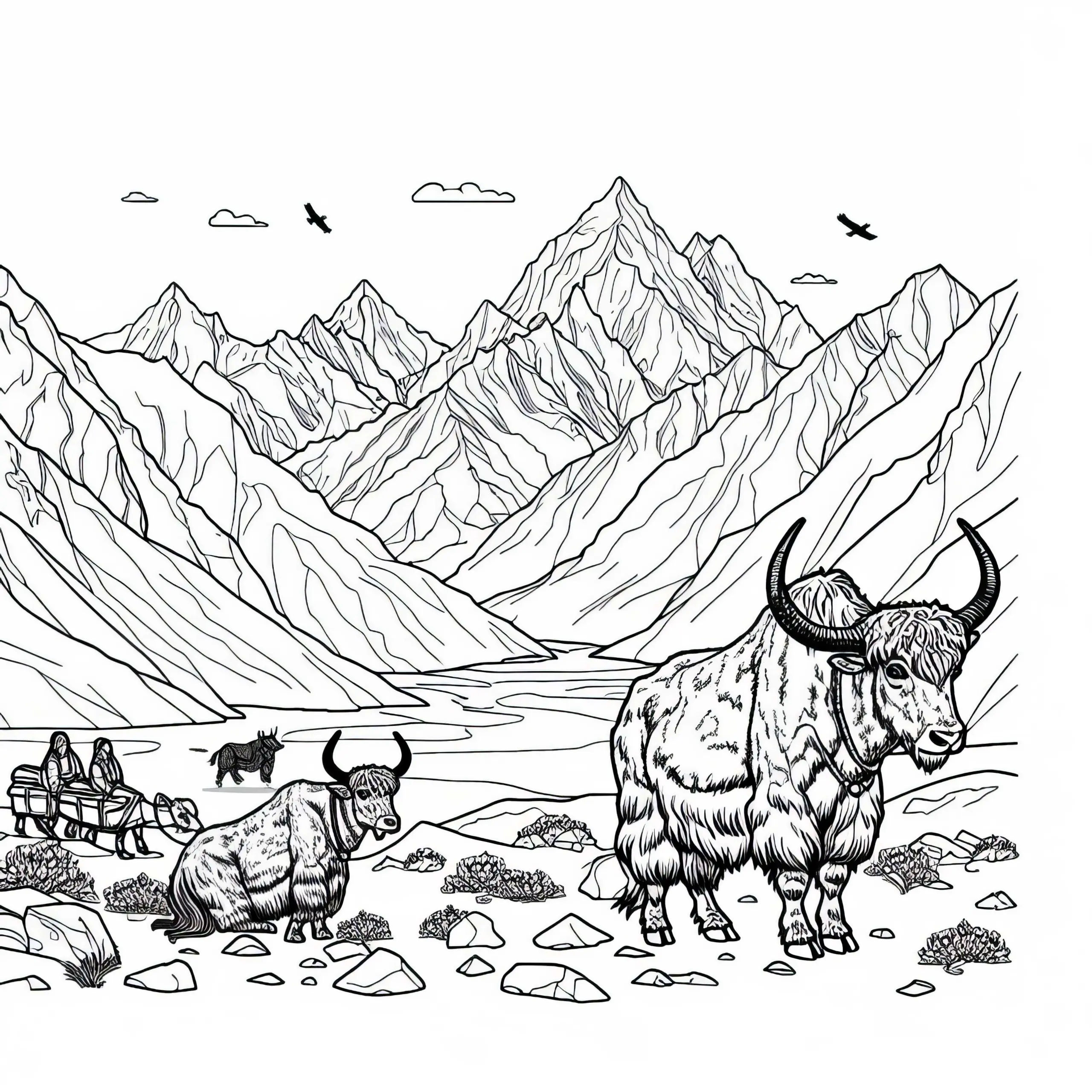 Himalaya mit Yaks – Kostenlose Malvorlage aus Asien (Ausmalbild)