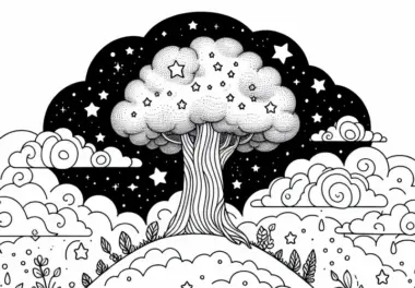 Himmelreich mit riesigem Baum, der von Wolkenhügel bis zu den Sternen wächst – kostenloses Ausmalbild