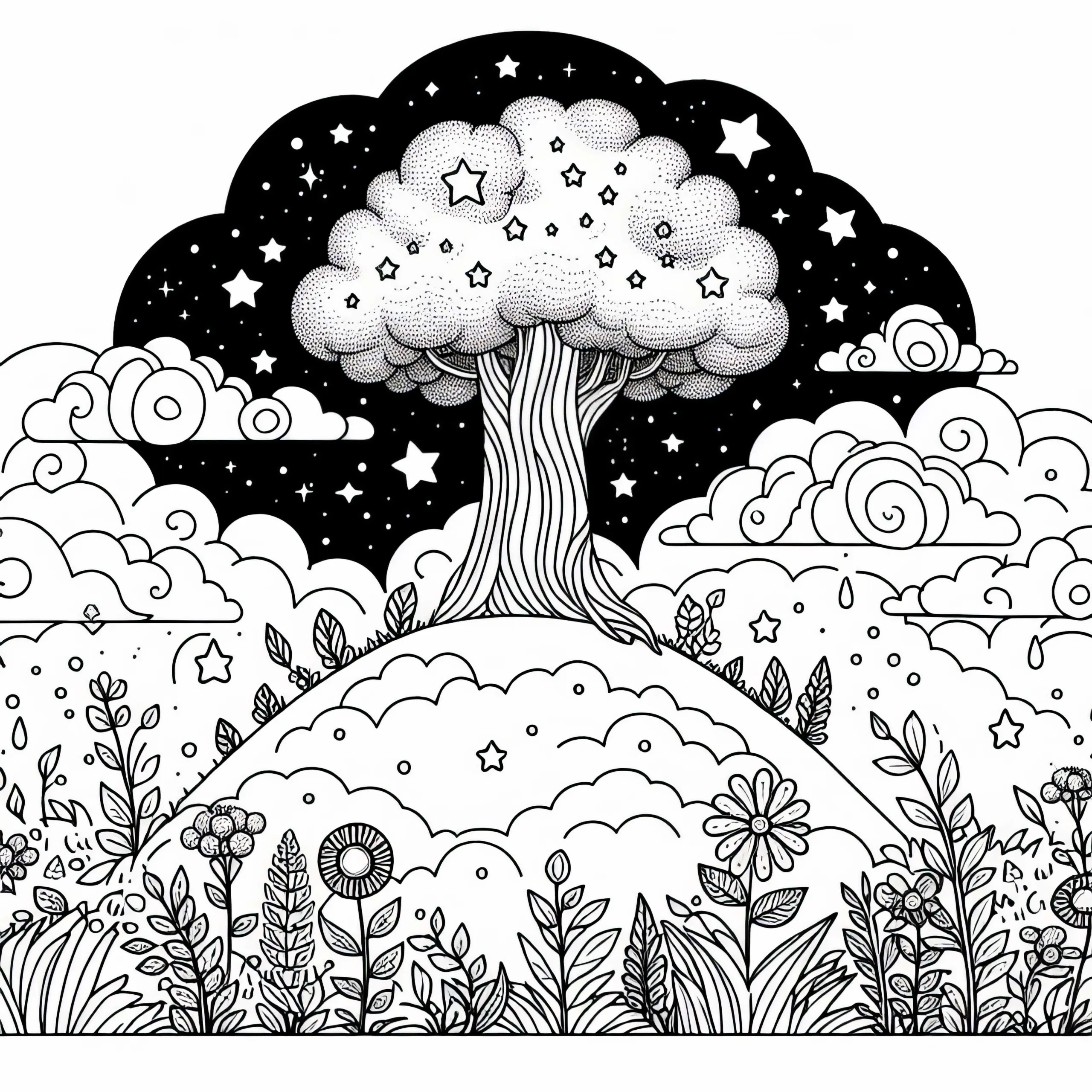 Himmelreich mit riesigem Baum, der von Wolkenhügel bis zu den Sternen wächst – kostenloses Ausmalbild