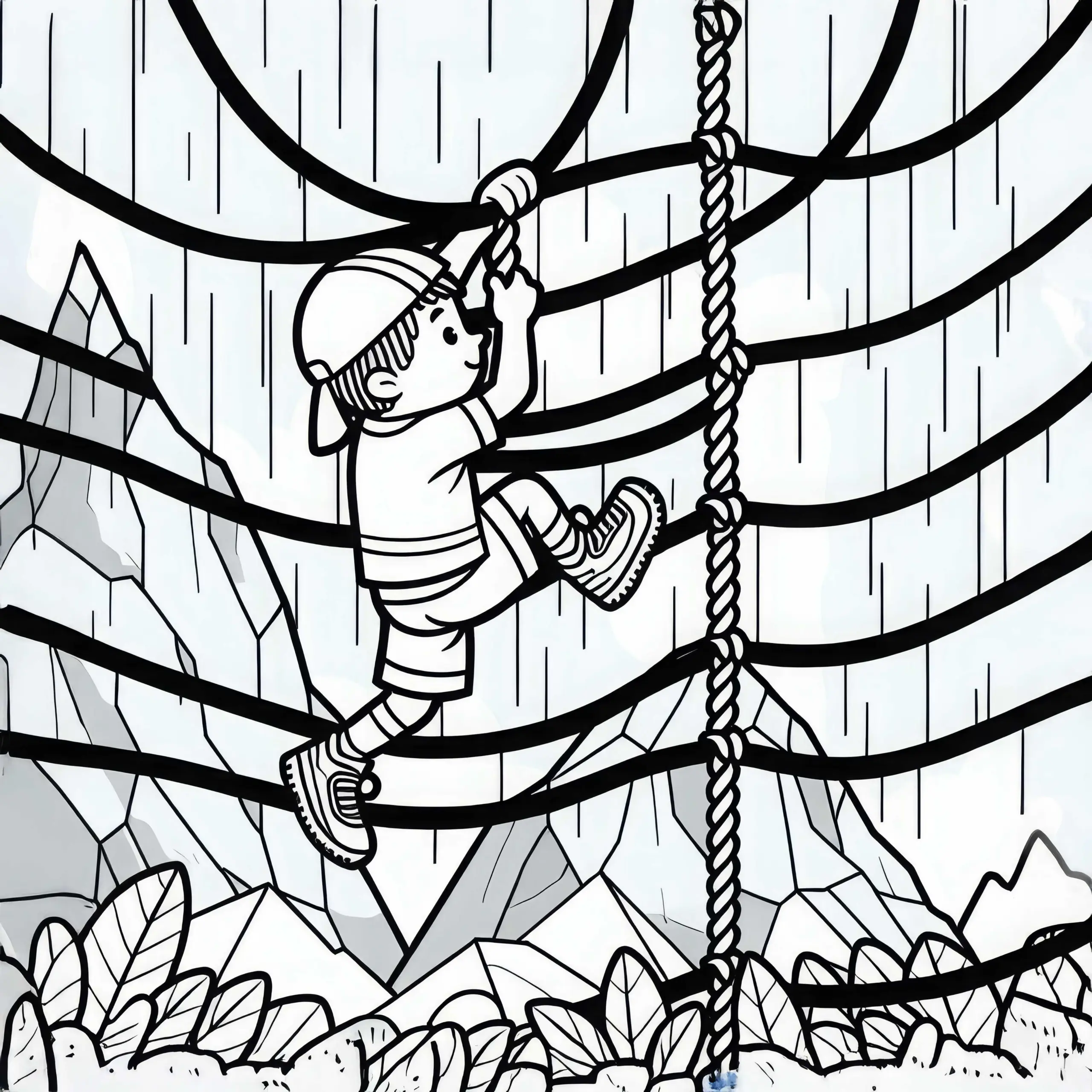 Hindernisläufer klettert Wand aus Seilen hoch – Malvorlage einfach gratis (Ausmalbild)