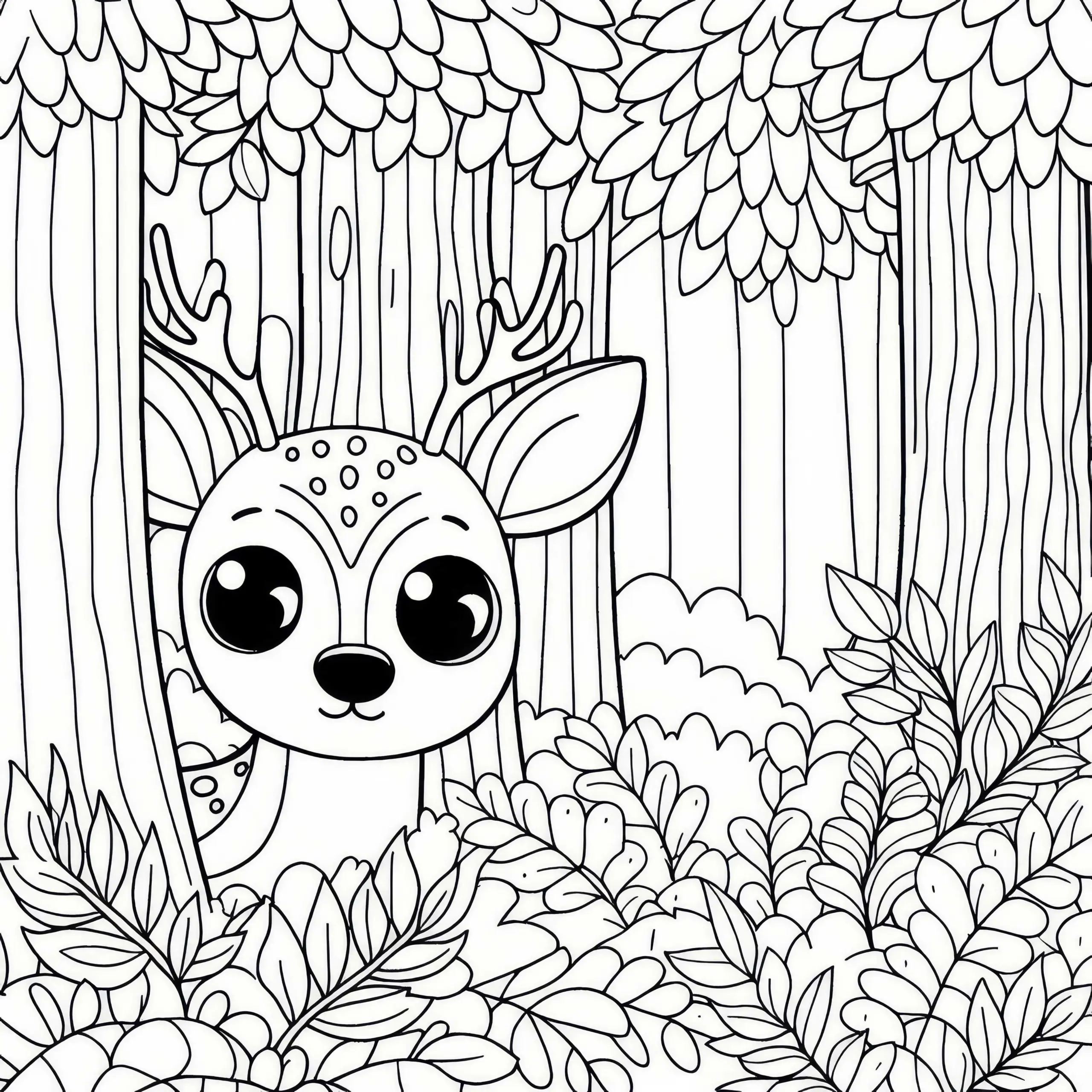 Hirsch schaut neugierig aus einem Wald: Einfaches Ausmalbild (Kostenlos)