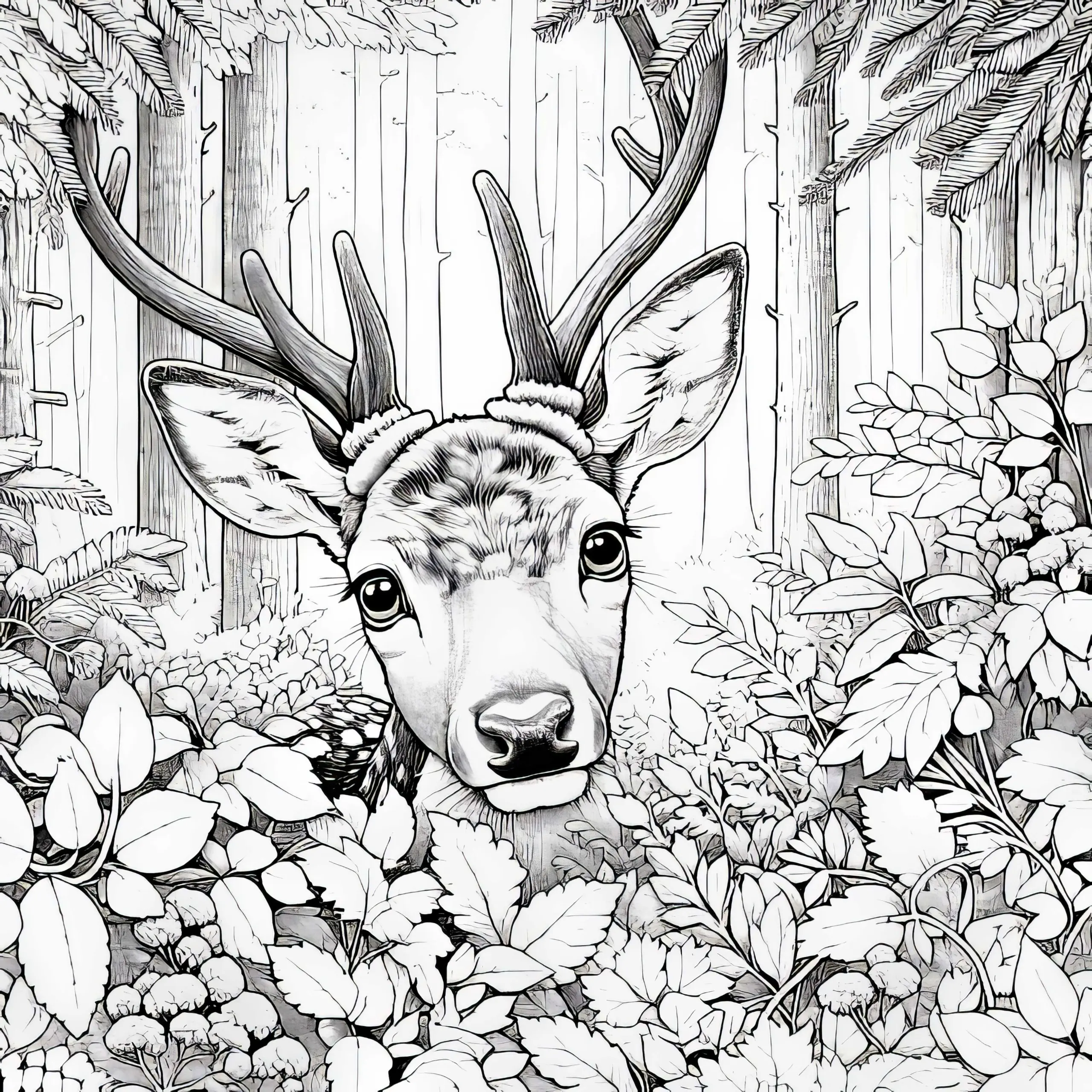 Hirsch schaut neugierig aus dem Wald: Malvorlage zum Herunterladen (Kostenlos) (Ausmalbild)