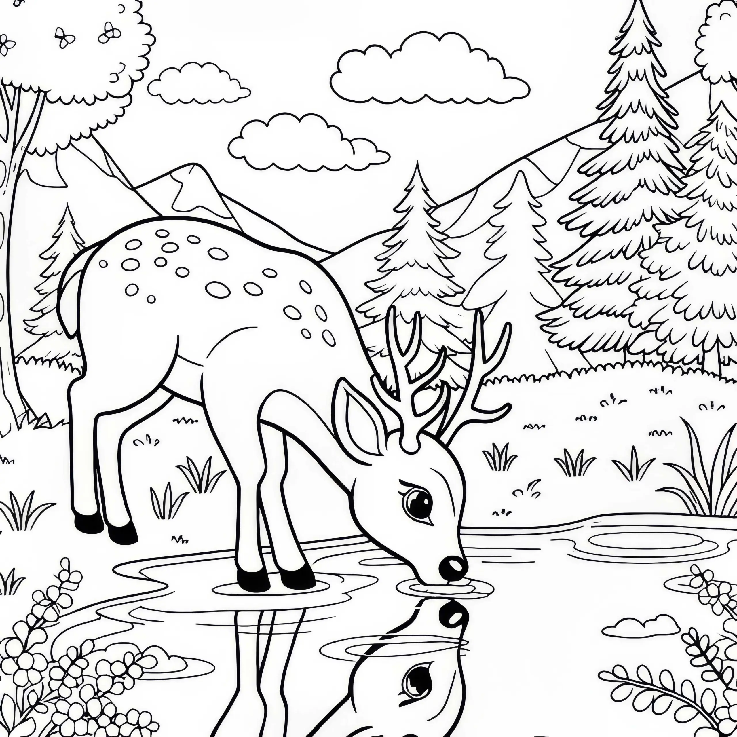 Hirsch trinkt aus Waldsee: Einfache Malvorlage (Kostenlos) (Ausmalbild)