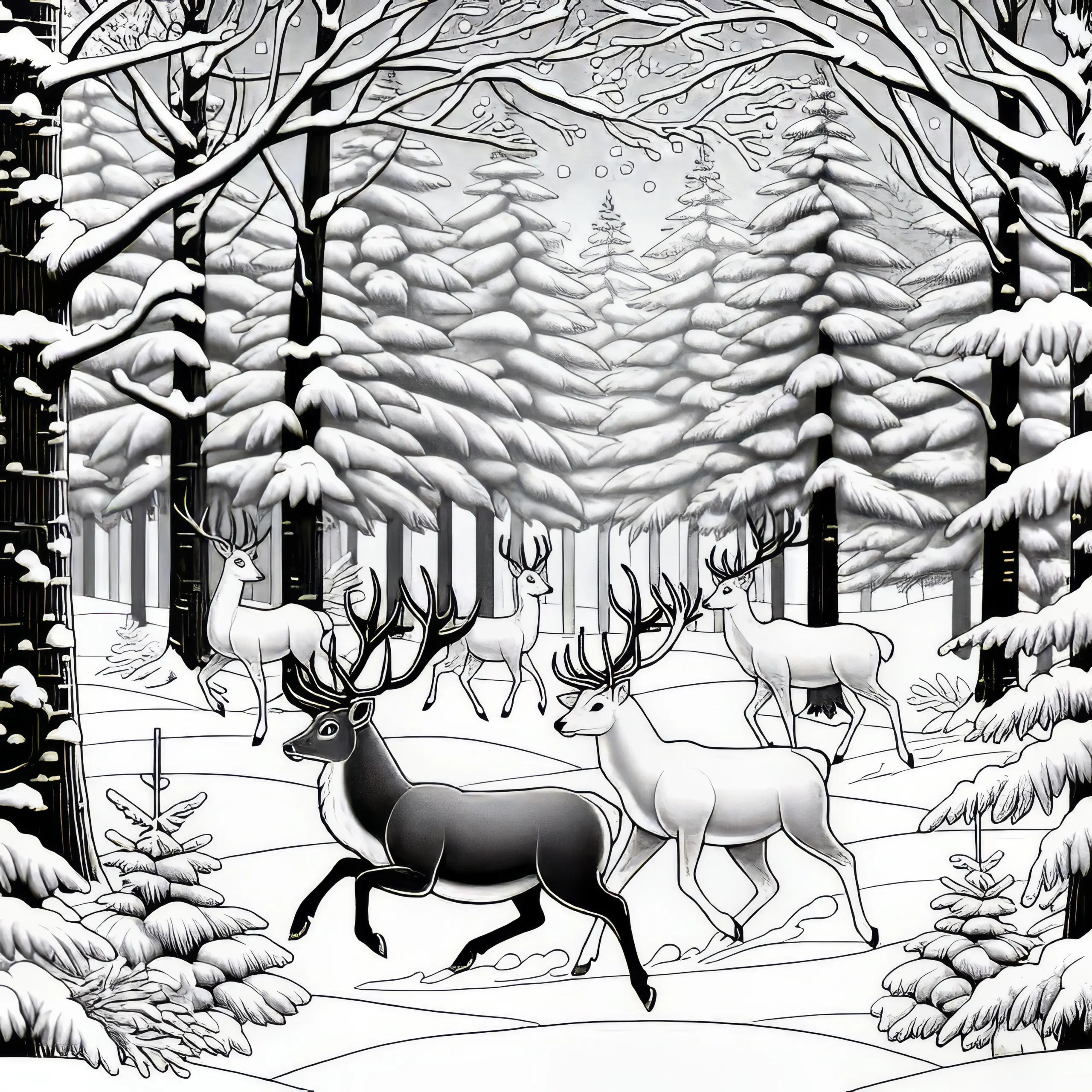 Hirsche im Winterwald im Januar: Gratis Ausmalbild